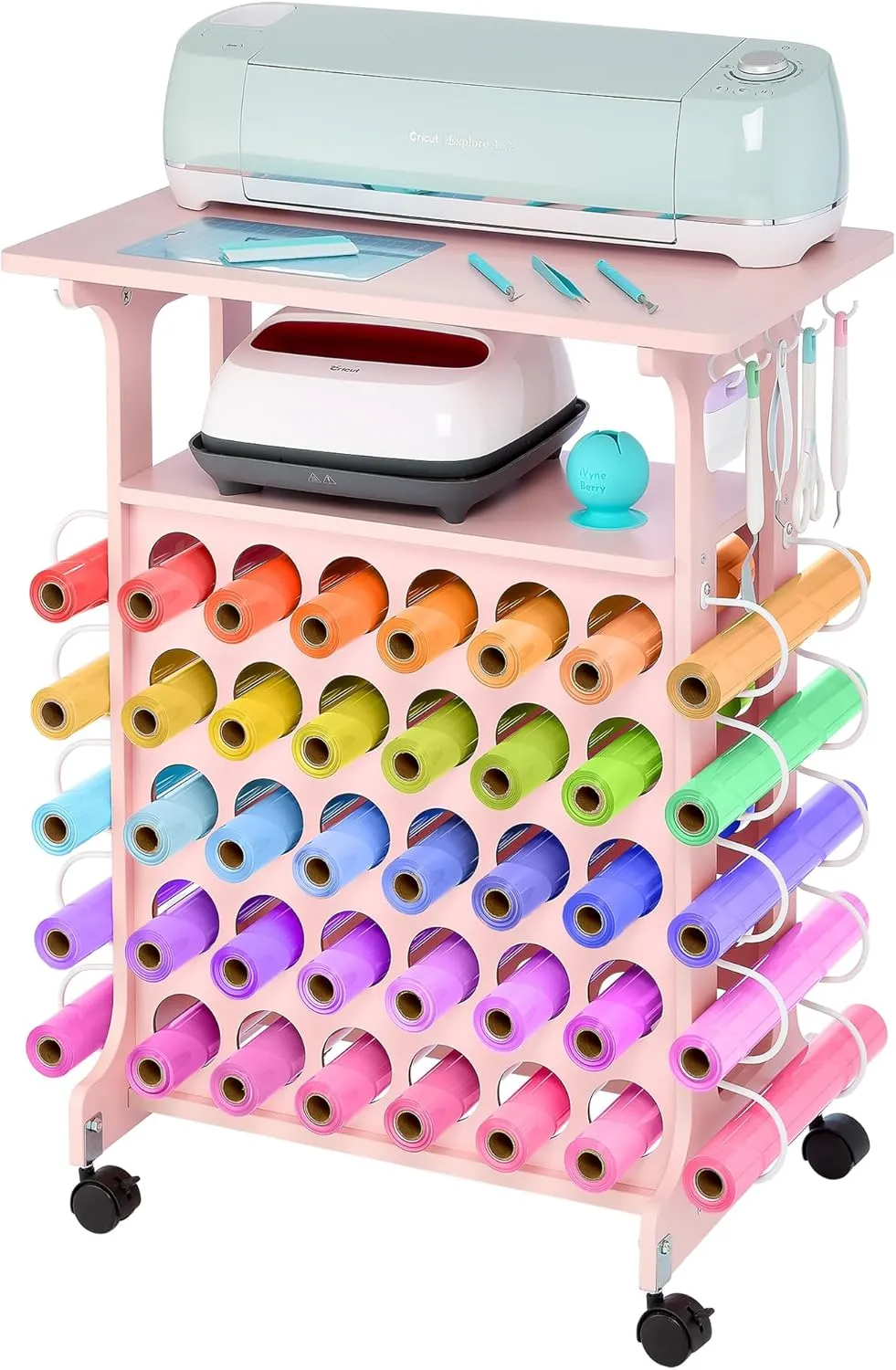 iVyne Vinyl Storage Cart 40 Vinyl Roll Holders for Cricut Organization and Storage Compatible with All Cricut Machines, Compact Craft Cart with Wheels & Tool Holders for Craft Rooms - Pink