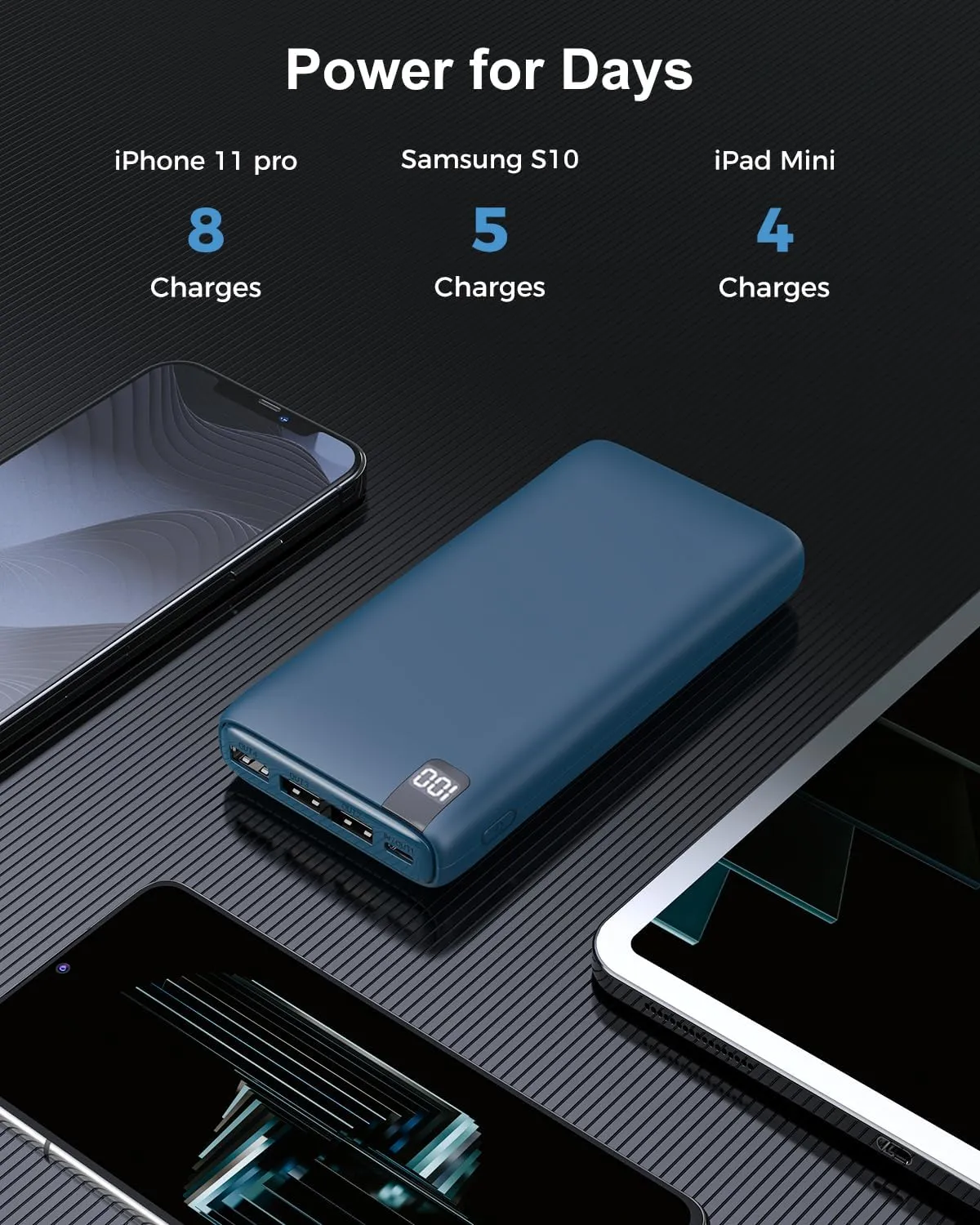 IXNINE Power Bank 26800mAh Portable Charger, High Capacity Phone Charger Compact External Battery Pack with LED Display and 4 Fast Charging Outputs for Cellphone Tablet Survival Gear (Blue)