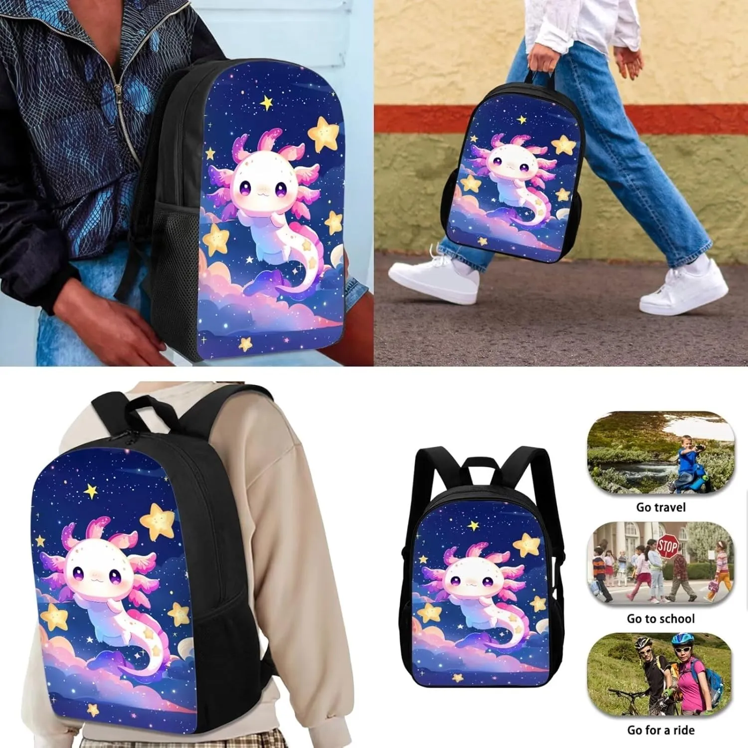 JEOCODY Axolotl Kids Bookbag School Backpack with Lunch Box for Girls,Childrens Backpack for Boys School Bags with Pencil Case and Bottle Holder Set of 4 School Daypack Travel Bag Satchel Bagpack