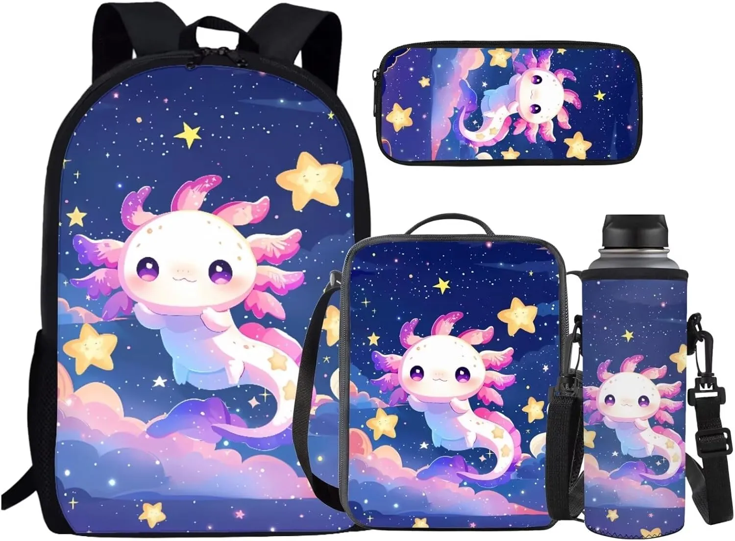 JEOCODY Axolotl Kids Bookbag School Backpack with Lunch Box for Girls,Childrens Backpack for Boys School Bags with Pencil Case and Bottle Holder Set of 4 School Daypack Travel Bag Satchel Bagpack