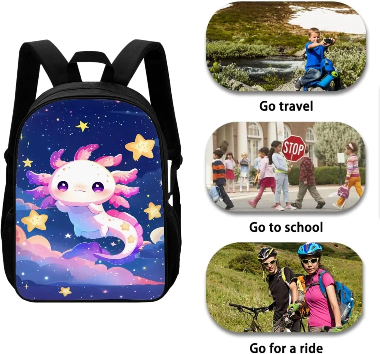 JEOCODY Axolotl Kids Bookbag School Backpack with Lunch Box for Girls,Childrens Backpack for Boys School Bags with Pencil Case and Bottle Holder Set of 4 School Daypack Travel Bag Satchel Bagpack