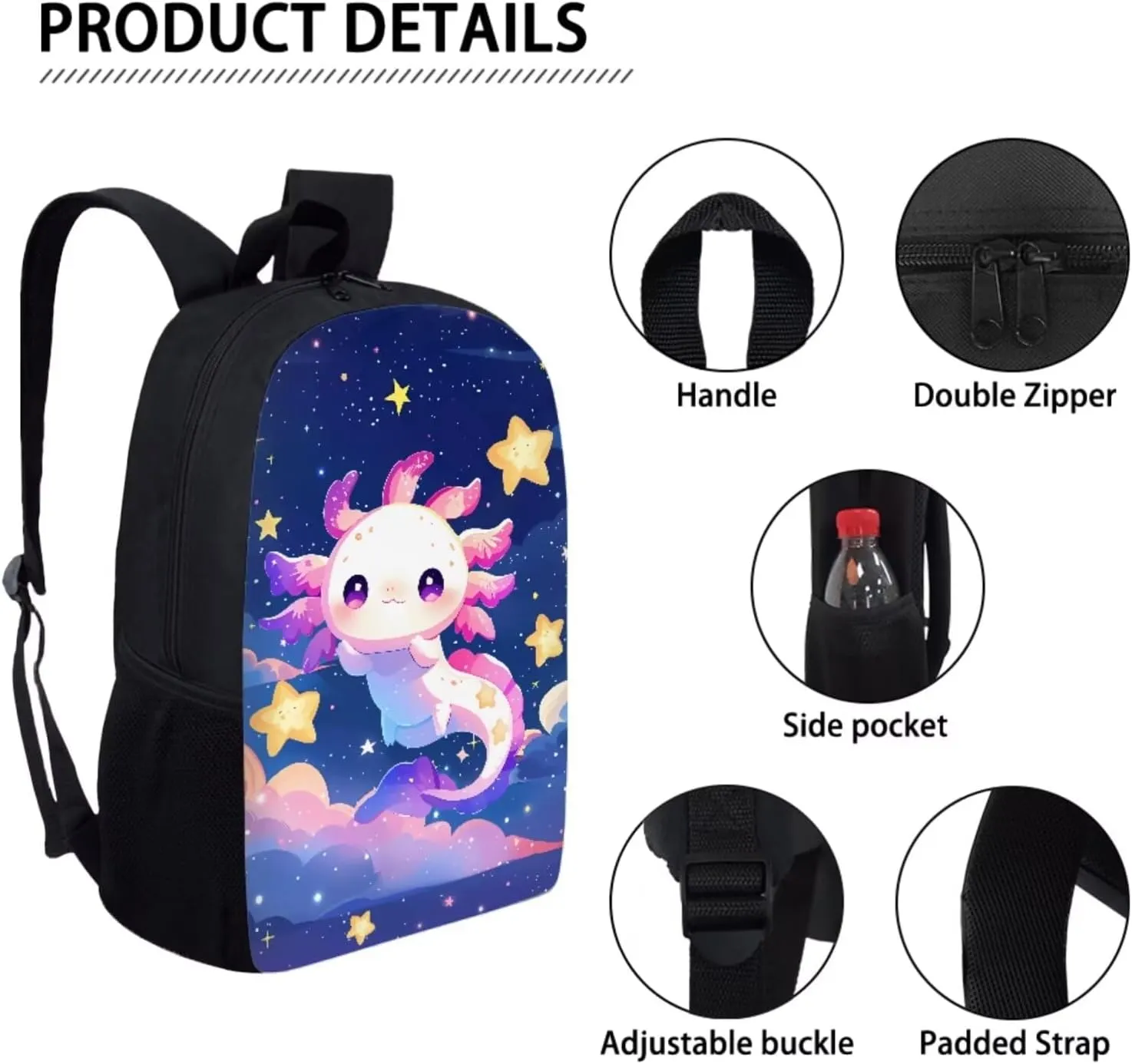 JEOCODY Axolotl Kids Bookbag School Backpack with Lunch Box for Girls,Childrens Backpack for Boys School Bags with Pencil Case and Bottle Holder Set of 4 School Daypack Travel Bag Satchel Bagpack