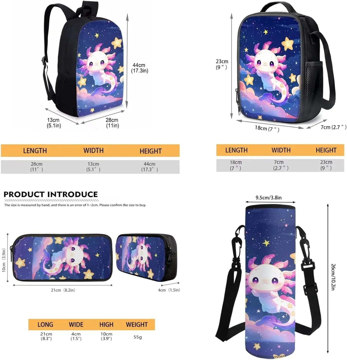 JEOCODY Axolotl Kids Bookbag School Backpack with Lunch Box for Girls,Childrens Backpack for Boys School Bags with Pencil Case and Bottle Holder Set of 4 School Daypack Travel Bag Satchel Bagpack