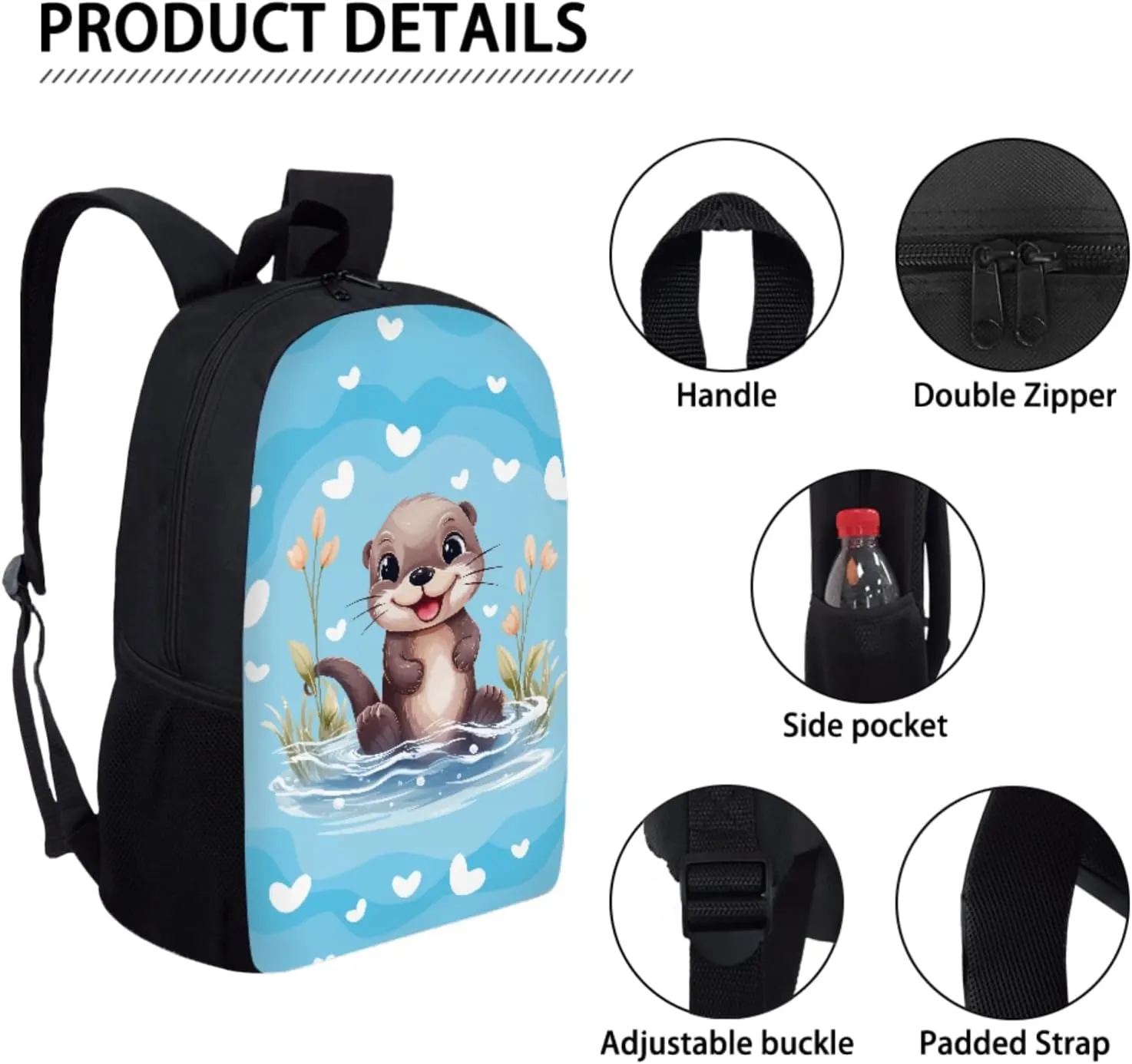 JEOCODY Otter Backpack for Girls Cute School Bags for College Teens Kids School Bookbag with Lunch Box Pencil Case Water Bottle Holder for Elementary Casual Daypack Set 4 in 1