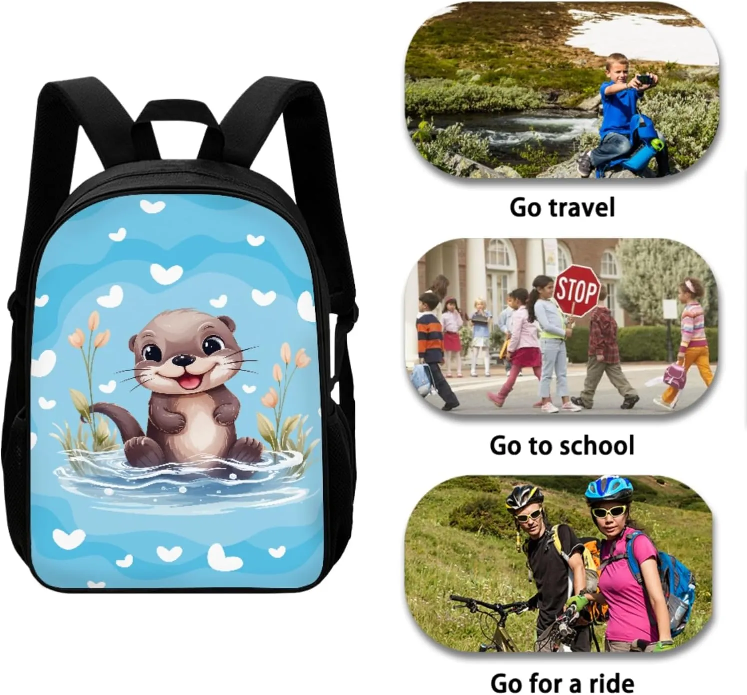 JEOCODY Otter Backpack for Girls Cute School Bags for College Teens Kids School Bookbag with Lunch Box Pencil Case Water Bottle Holder for Elementary Casual Daypack Set 4 in 1