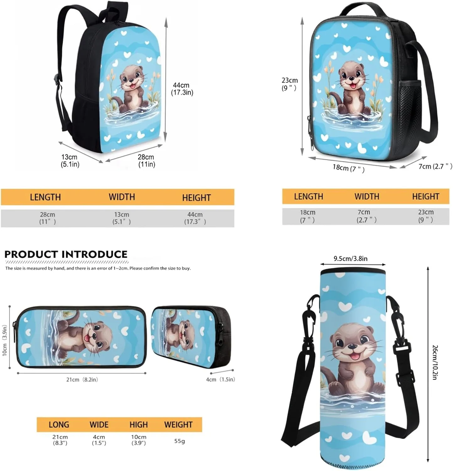 JEOCODY Otter Backpack for Girls Cute School Bags for College Teens Kids School Bookbag with Lunch Box Pencil Case Water Bottle Holder for Elementary Casual Daypack Set 4 in 1