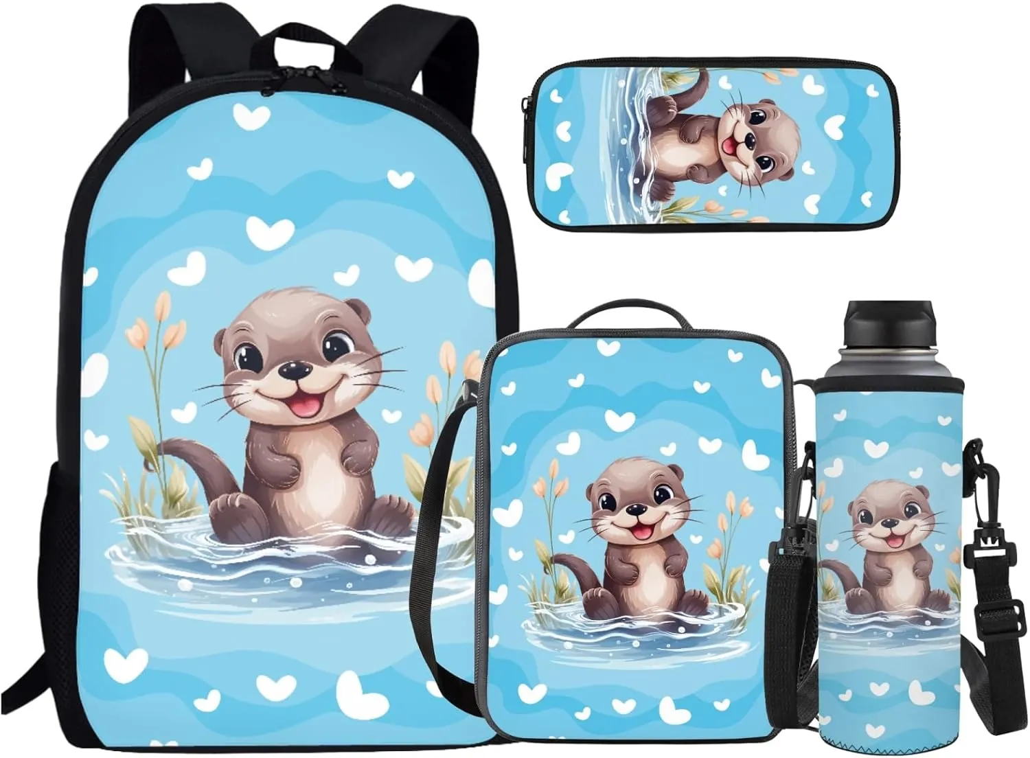 JEOCODY Otter Backpack for Girls Cute School Bags for College Teens Kids School Bookbag with Lunch Box Pencil Case Water Bottle Holder for Elementary Casual Daypack Set 4 in 1