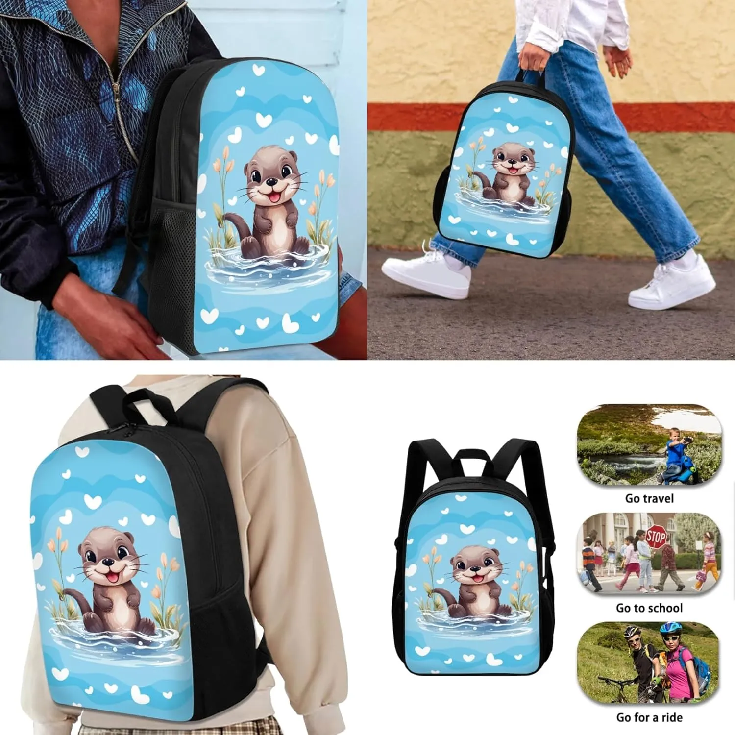 JEOCODY Otter Backpack for Girls Cute School Bags for College Teens Kids School Bookbag with Lunch Box Pencil Case Water Bottle Holder for Elementary Casual Daypack Set 4 in 1