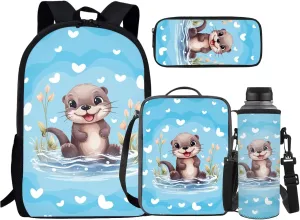 JEOCODY Otter Backpack for Girls Cute School Bags for College Teens Kids School Bookbag with Lunch Box Pencil Case Water Bottle Holder for Elementary Casual Daypack Set 4 in 1