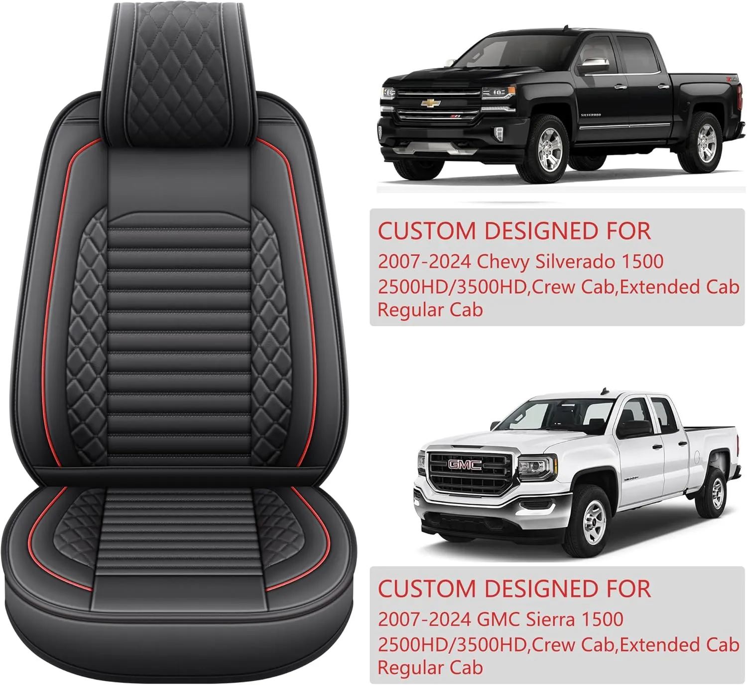 JOJOBAY Chevy Silverado Seat Covers,GMC Sierra Seat Covers,Custom Fit 2007-2024 1500 2500HD 3500HD Crew Double Extended Regular Cab,LT LZT RST Trail Boss(Full Set,Black Red)