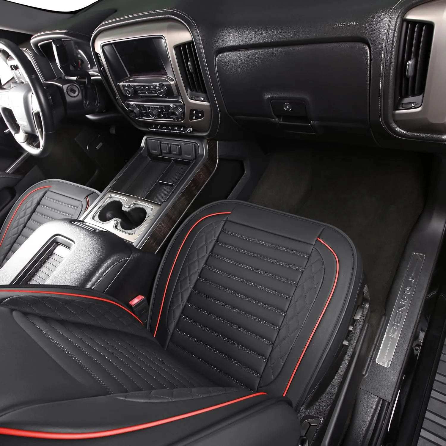 JOJOBAY Chevy Silverado Seat Covers,GMC Sierra Seat Covers,Custom Fit 2007-2024 1500 2500HD 3500HD Crew Double Extended Regular Cab,LT LZT RST Trail Boss(Full Set,Black Red)