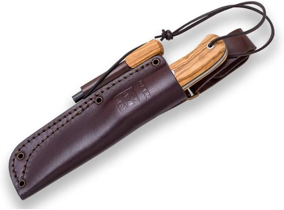 Joker Campero Knife CO118-P, Blade 4.13 inches of Böhler K720 Carbon Steel, Brown Leather Sheath includes, Tool for Fishing, Hunting, Camping and Hiking (Olive Wood, Leather Sheath   FireStarter)