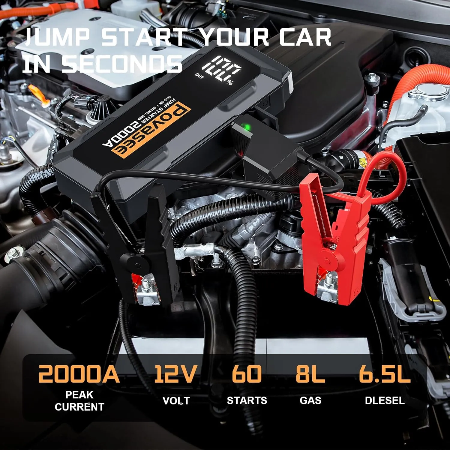Jump Starter 2000A Peak Battery Jumper Starter Portable, 12V Car Battery Jump Starter up to 8L Gas or 6.5L Diesel Engine Battery Jump Box with 3" LCD Display Power Bank/Dual Output/LED Light