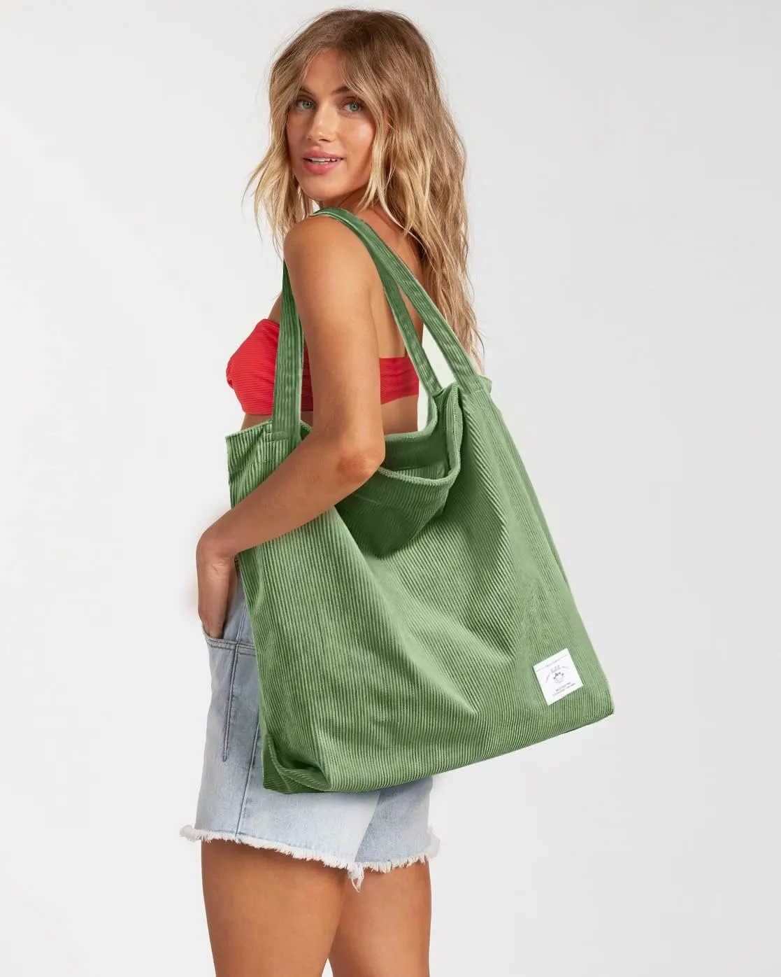 KALIDI Women Corduroy Tote Bag Zipper Casual Tote's Handbag Big Capacity Shoulder Bag with Pockets
