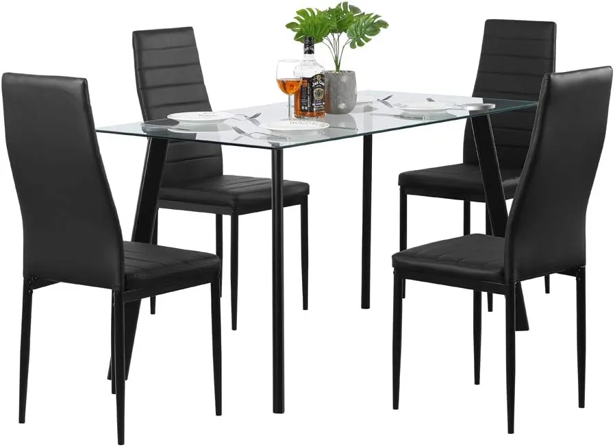 Karl home Black Dining Chair Set of 4, Leather Dining Chairs with Curved Back & Foot Cap Protection for Dining Kitchen Living Room, 300lbs Capacity