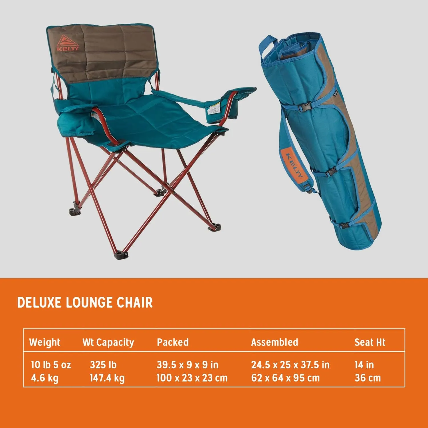Kelty Deluxe Lounge Chair – Folding Outdoor Camp Chair, Insulated Cupholders, Customized Recline, Steel Frame, Padded Roll Storage, 2024 (Deep Lake)