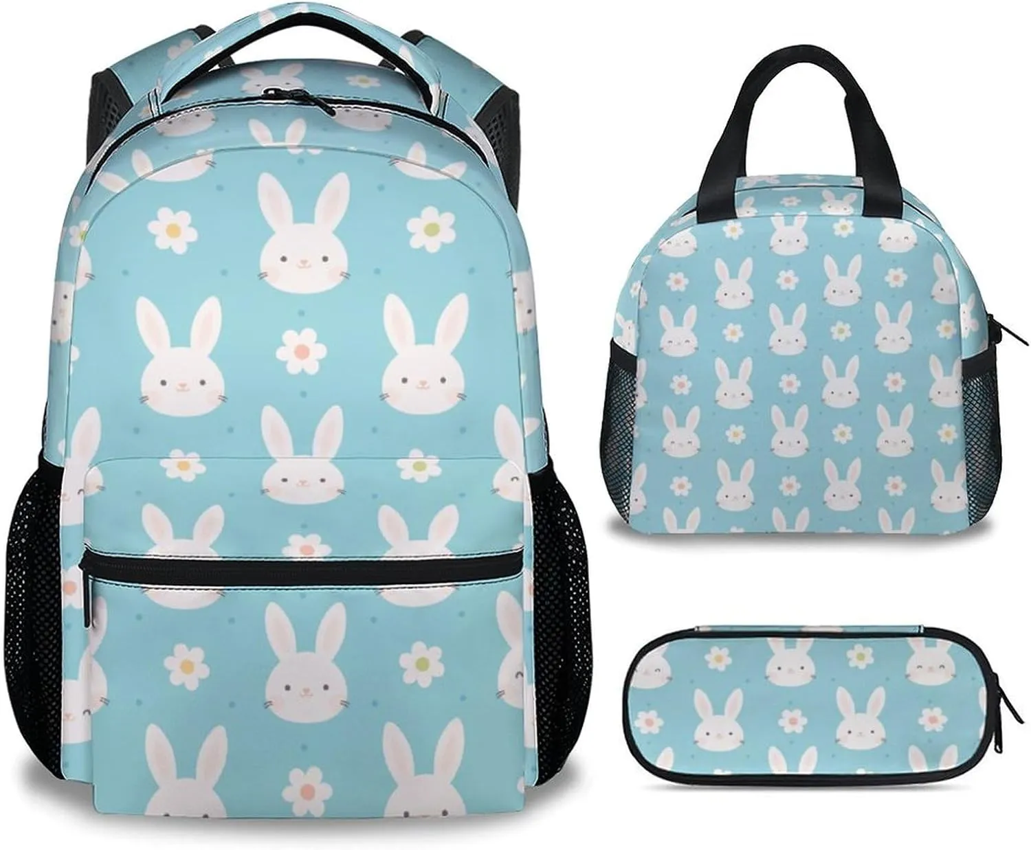 Kid Backpack with Lunch Bag Set for Girls - 3 in 1 Primary Middle School Backpacks Matching Combo - Large Capacity, Durable, Cyan Bunny Bookbag and Pencil Case Bundle