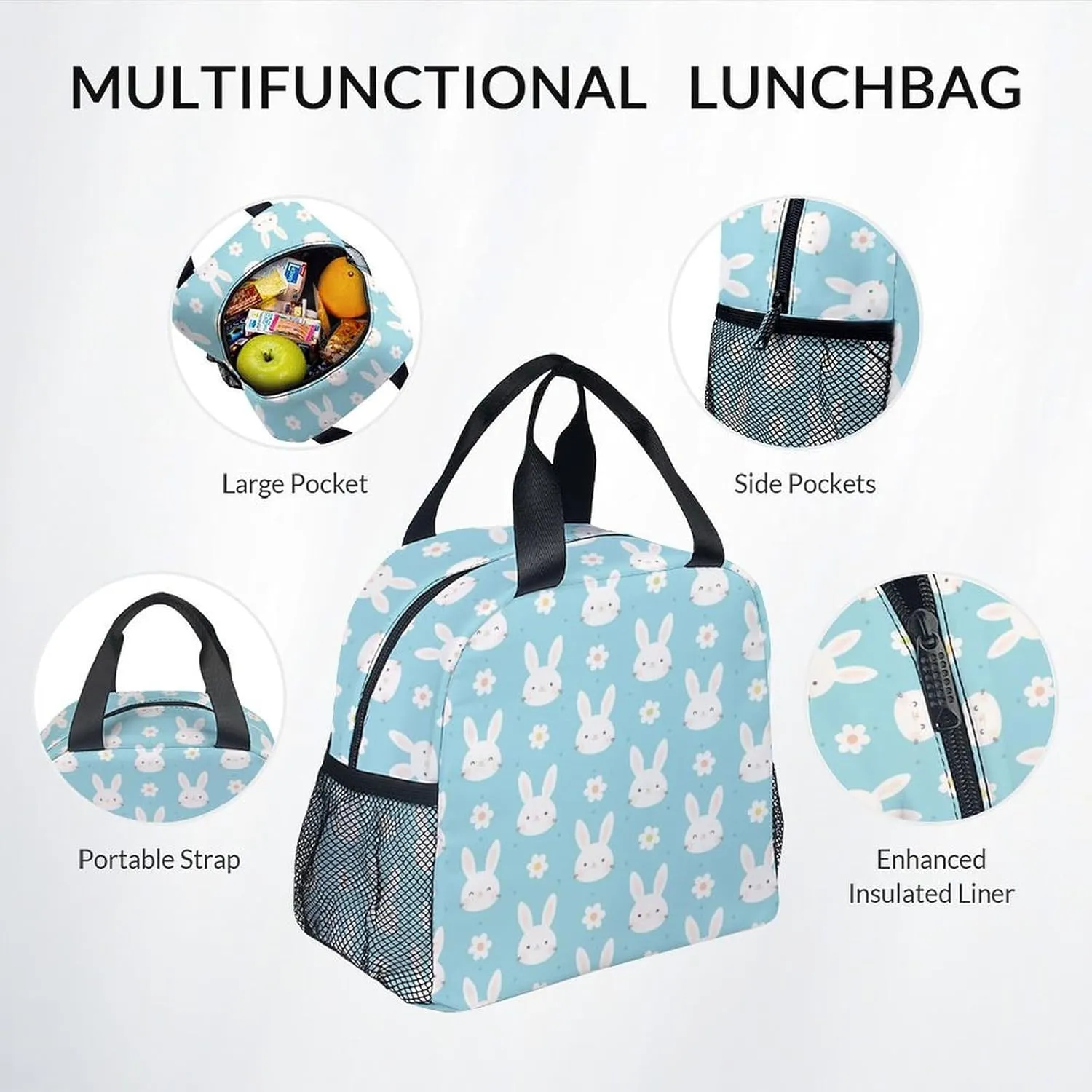 Kid Backpack with Lunch Bag Set for Girls - 3 in 1 Primary Middle School Backpacks Matching Combo - Large Capacity, Durable, Cyan Bunny Bookbag and Pencil Case Bundle