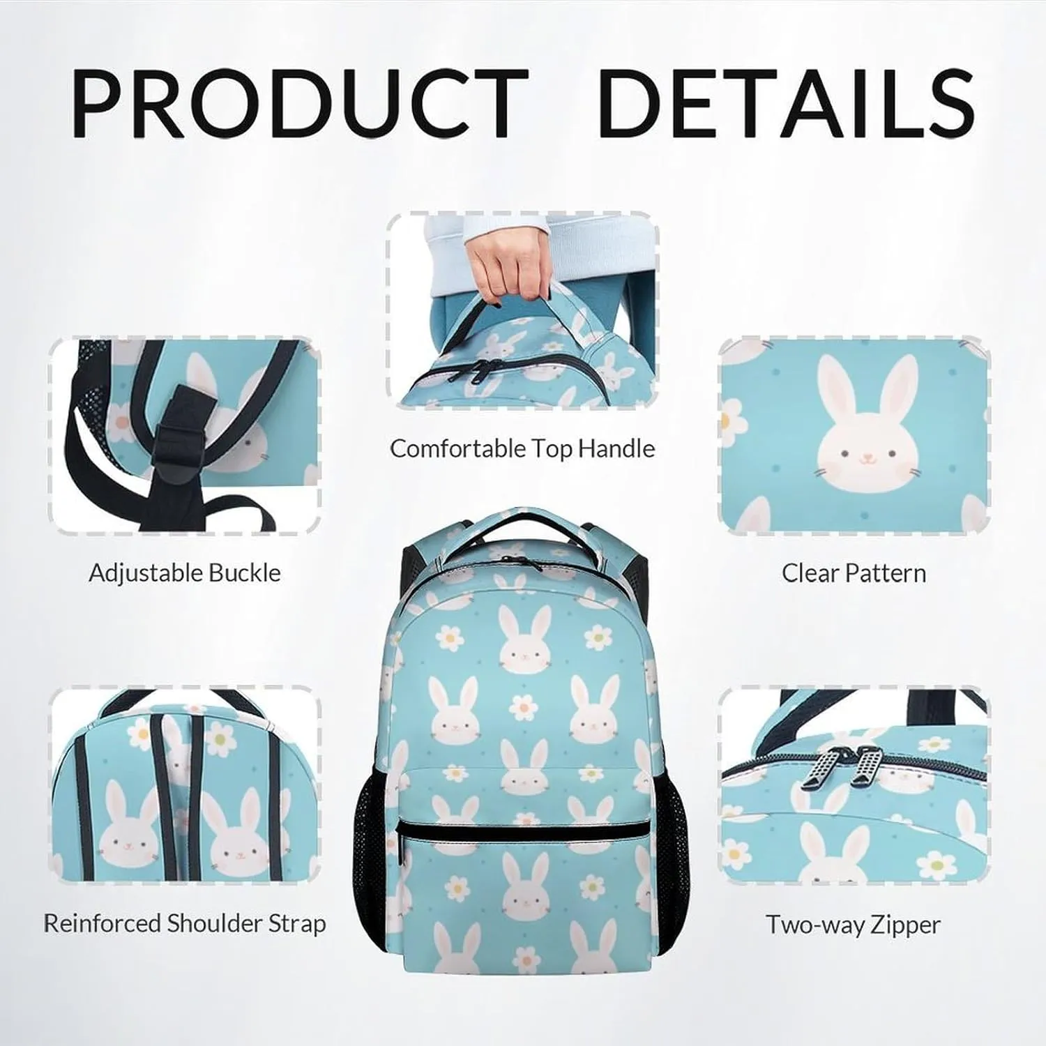 Kid Backpack with Lunch Bag Set for Girls - 3 in 1 Primary Middle School Backpacks Matching Combo - Large Capacity, Durable, Cyan Bunny Bookbag and Pencil Case Bundle