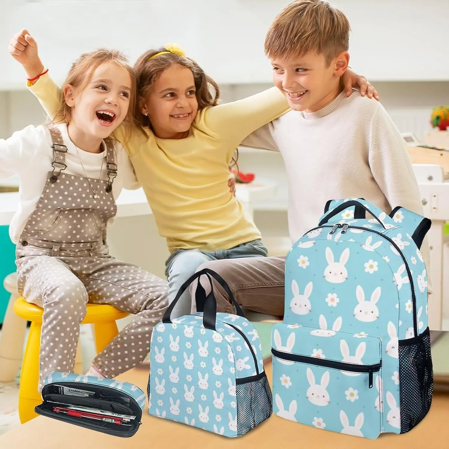 Kid Backpack with Lunch Bag Set for Girls - 3 in 1 Primary Middle School Backpacks Matching Combo - Large Capacity, Durable, Cyan Bunny Bookbag and Pencil Case Bundle