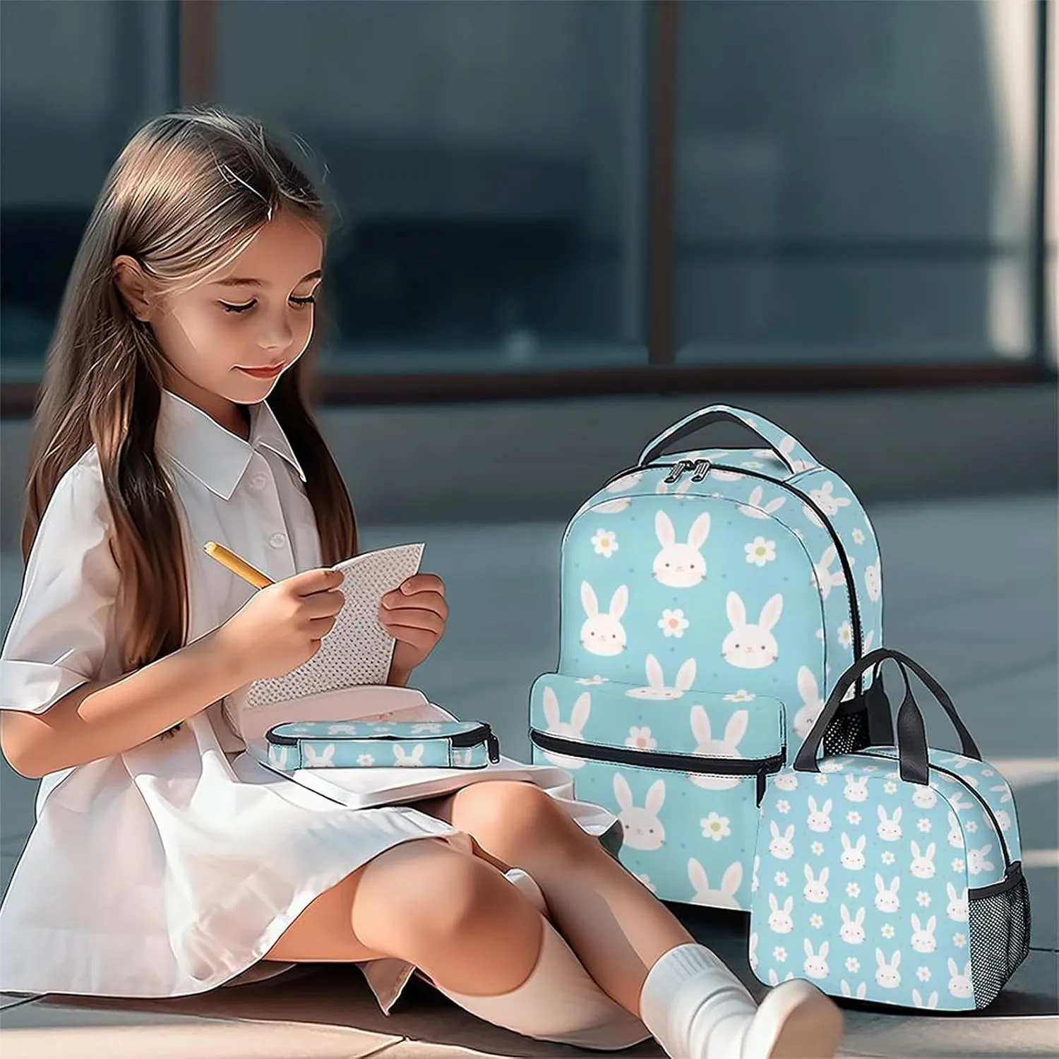Kid Backpack with Lunch Bag Set for Girls - 3 in 1 Primary Middle School Backpacks Matching Combo - Large Capacity, Durable, Cyan Bunny Bookbag and Pencil Case Bundle