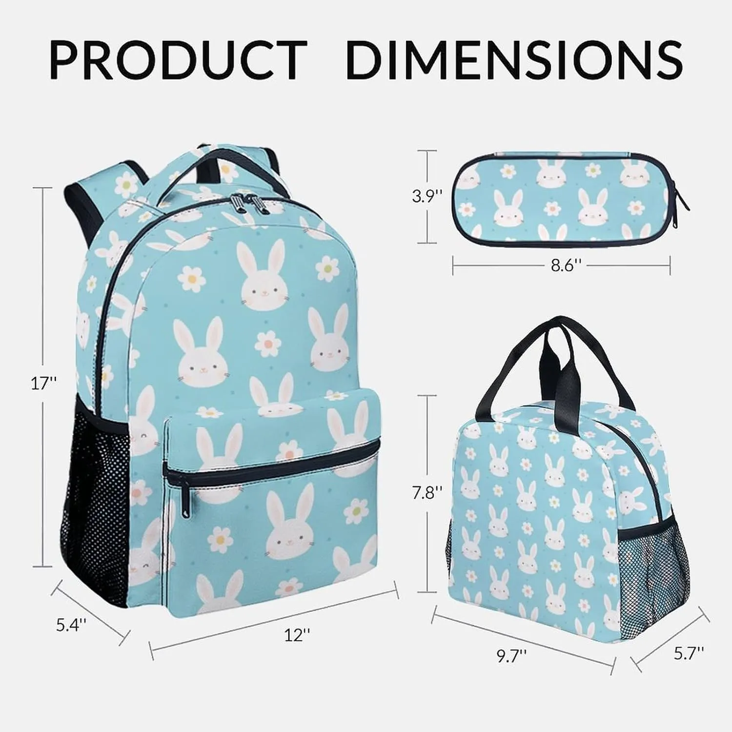 Kid Backpack with Lunch Bag Set for Girls - 3 in 1 Primary Middle School Backpacks Matching Combo - Large Capacity, Durable, Cyan Bunny Bookbag and Pencil Case Bundle