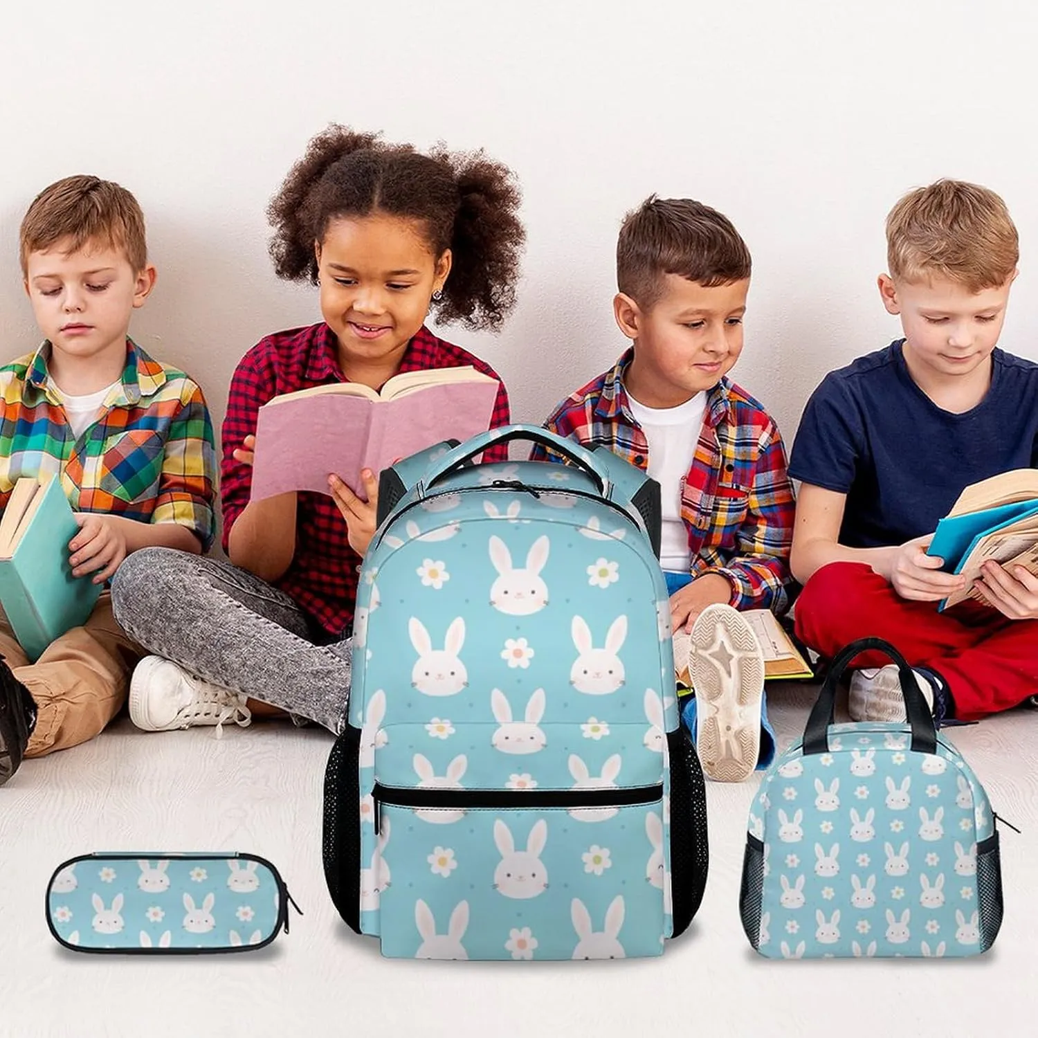 Kid Backpack with Lunch Bag Set for Girls - 3 in 1 Primary Middle School Backpacks Matching Combo - Large Capacity, Durable, Cyan Bunny Bookbag and Pencil Case Bundle
