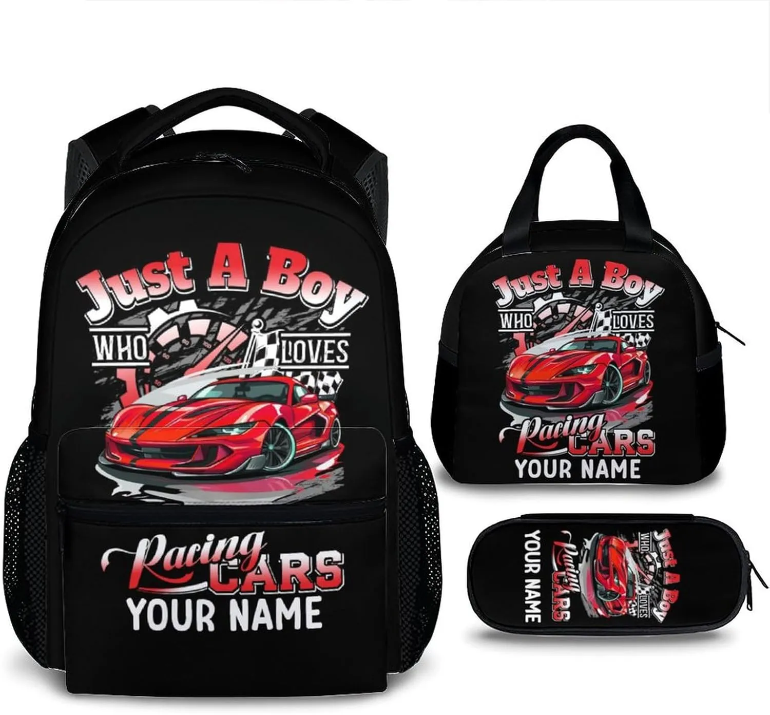 Kids Backpack Matching Combo - Set of 3 Race Car School Backpacks for Boys - Personalized Car Bookbag and Pencil Case Bundle for Preschool Elementary - Schoolbag and Pencil Case Set for Travel