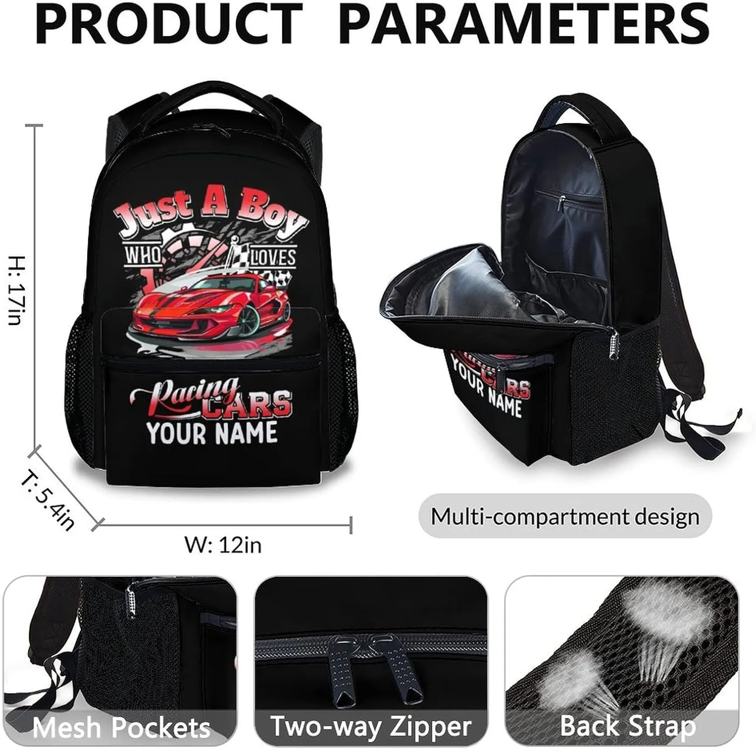 Kids Backpack Matching Combo - Set of 3 Race Car School Backpacks for Boys - Personalized Car Bookbag and Pencil Case Bundle for Preschool Elementary - Schoolbag and Pencil Case Set for Travel