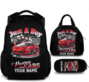 Kids Backpack Matching Combo - Set of 3 Race Car School Backpacks for Boys - Personalized Car Bookbag and Pencil Case Bundle for Preschool Elementary - Schoolbag and Pencil Case Set for Travel