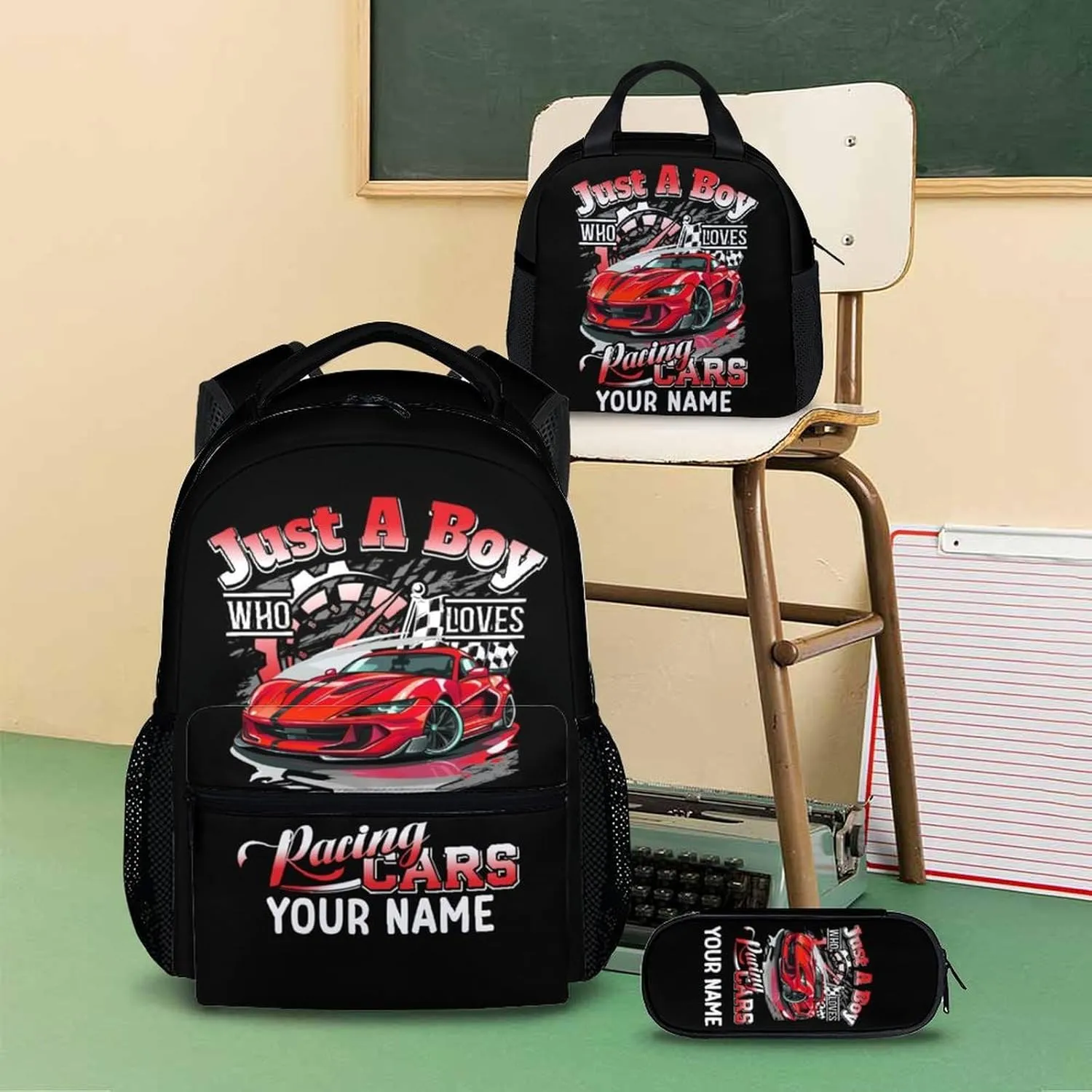 Kids Backpack Matching Combo - Set of 3 Race Car School Backpacks for Boys - Personalized Car Bookbag and Pencil Case Bundle for Preschool Elementary - Schoolbag and Pencil Case Set for Travel