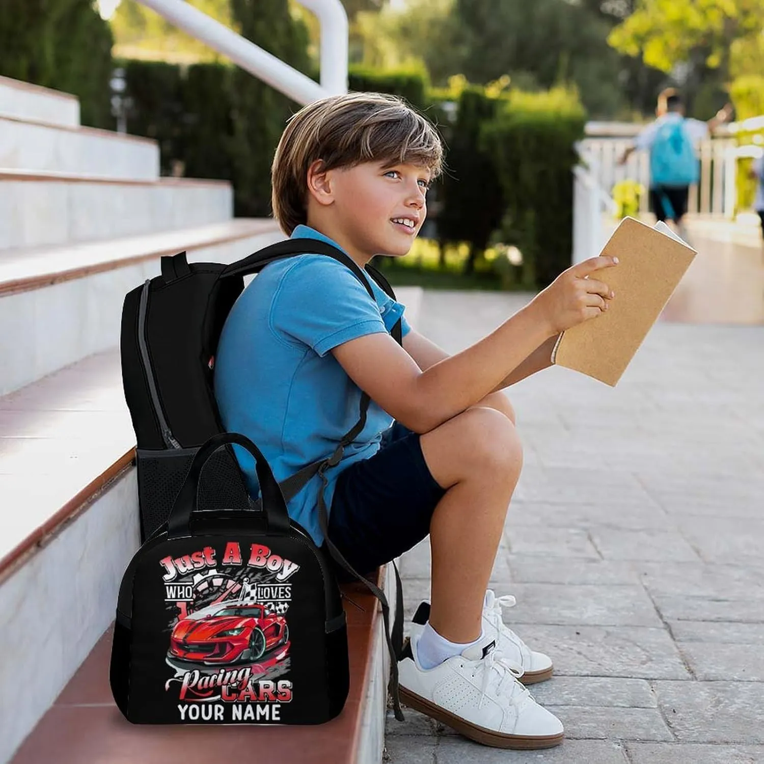 Kids Backpack Matching Combo - Set of 3 Race Car School Backpacks for Boys - Personalized Car Bookbag and Pencil Case Bundle for Preschool Elementary - Schoolbag and Pencil Case Set for Travel