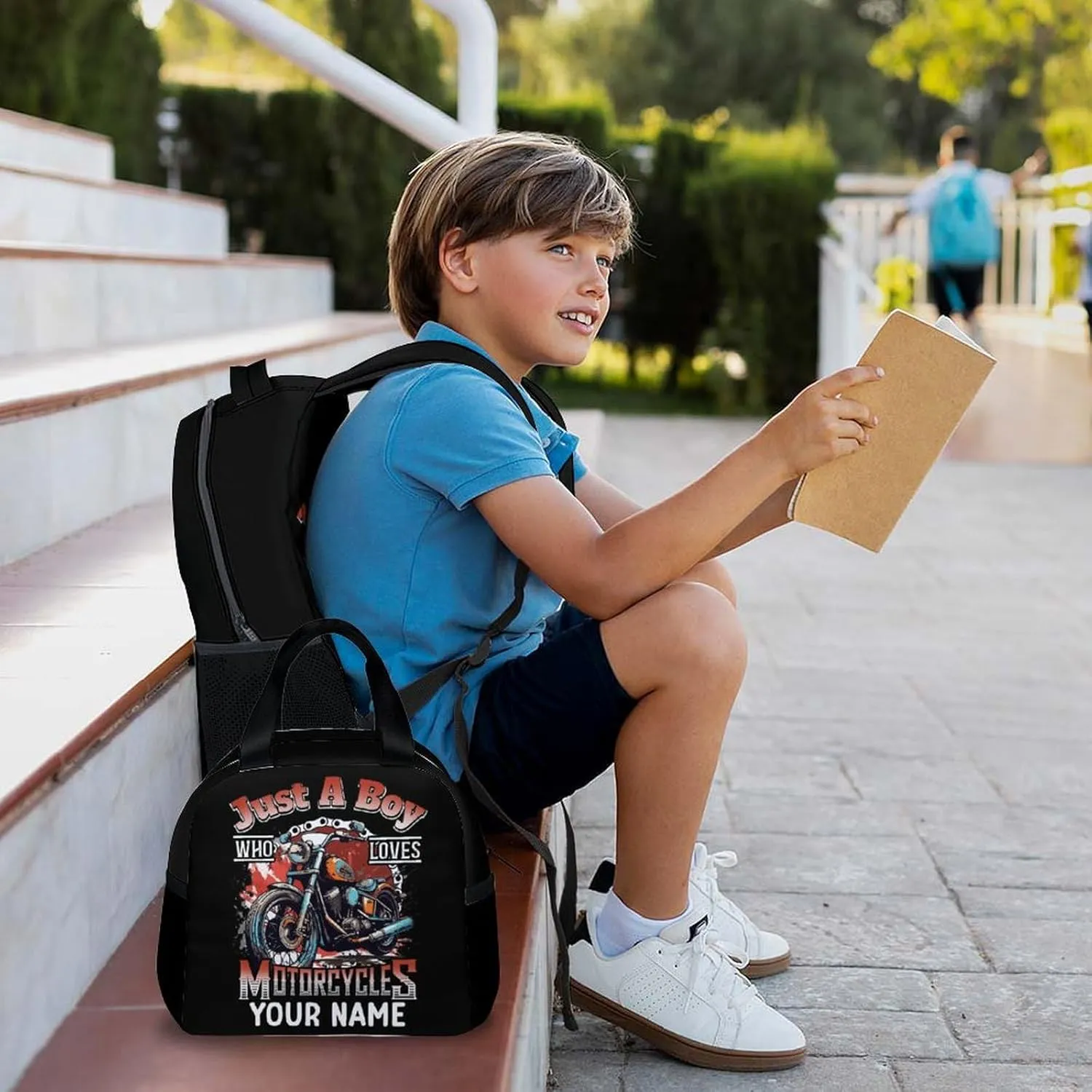 Kids Backpack with Lunch Box - Custom Set of 3 Motorcycle School Backpacks Matching Combo - Black Bookbag and Pencil Case Bundle for Travel Hiking - Personalized Schoolbag Gifts for Boys