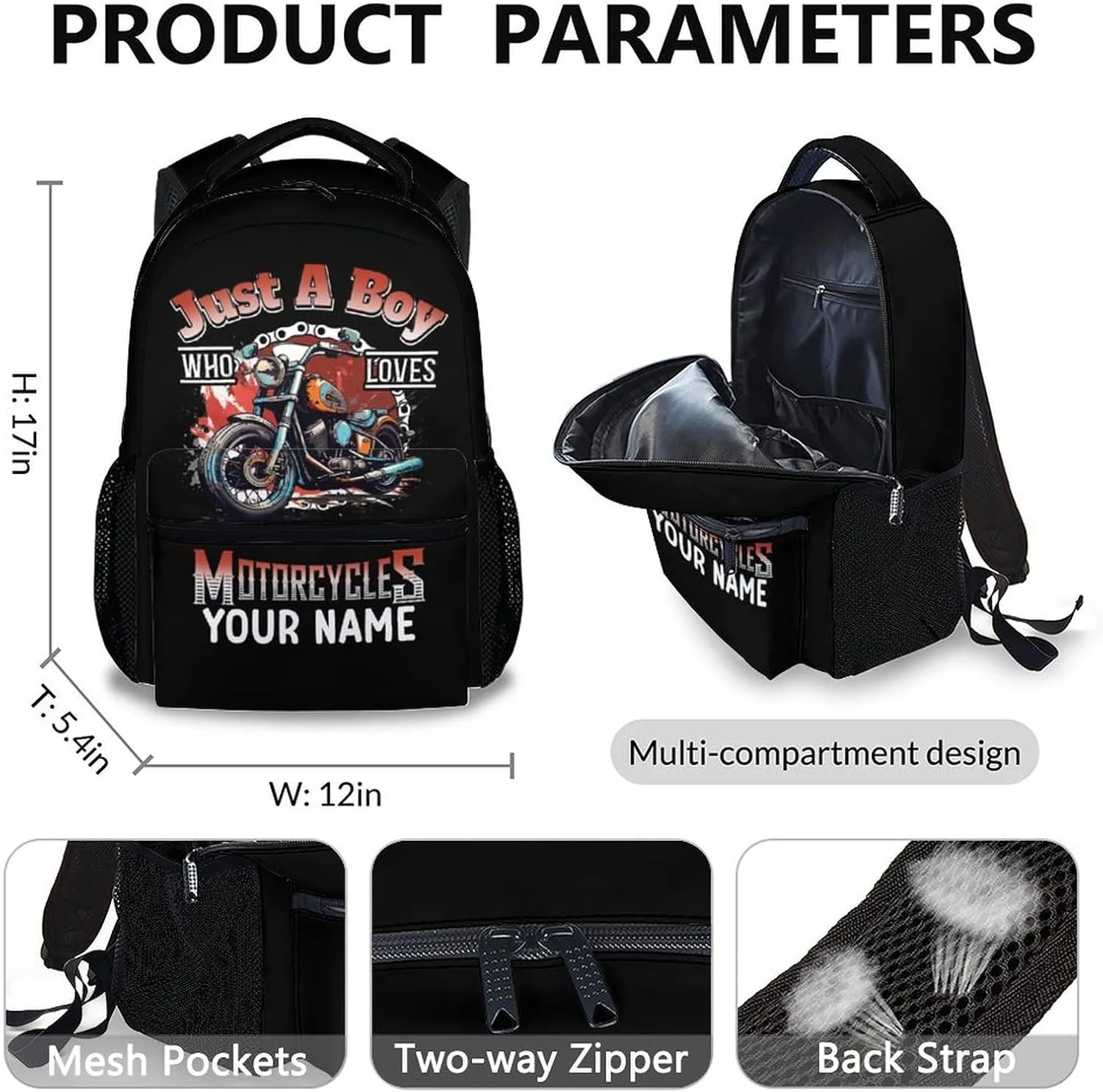 Kids Backpack with Lunch Box - Custom Set of 3 Motorcycle School Backpacks Matching Combo - Black Bookbag and Pencil Case Bundle for Travel Hiking - Personalized Schoolbag Gifts for Boys
