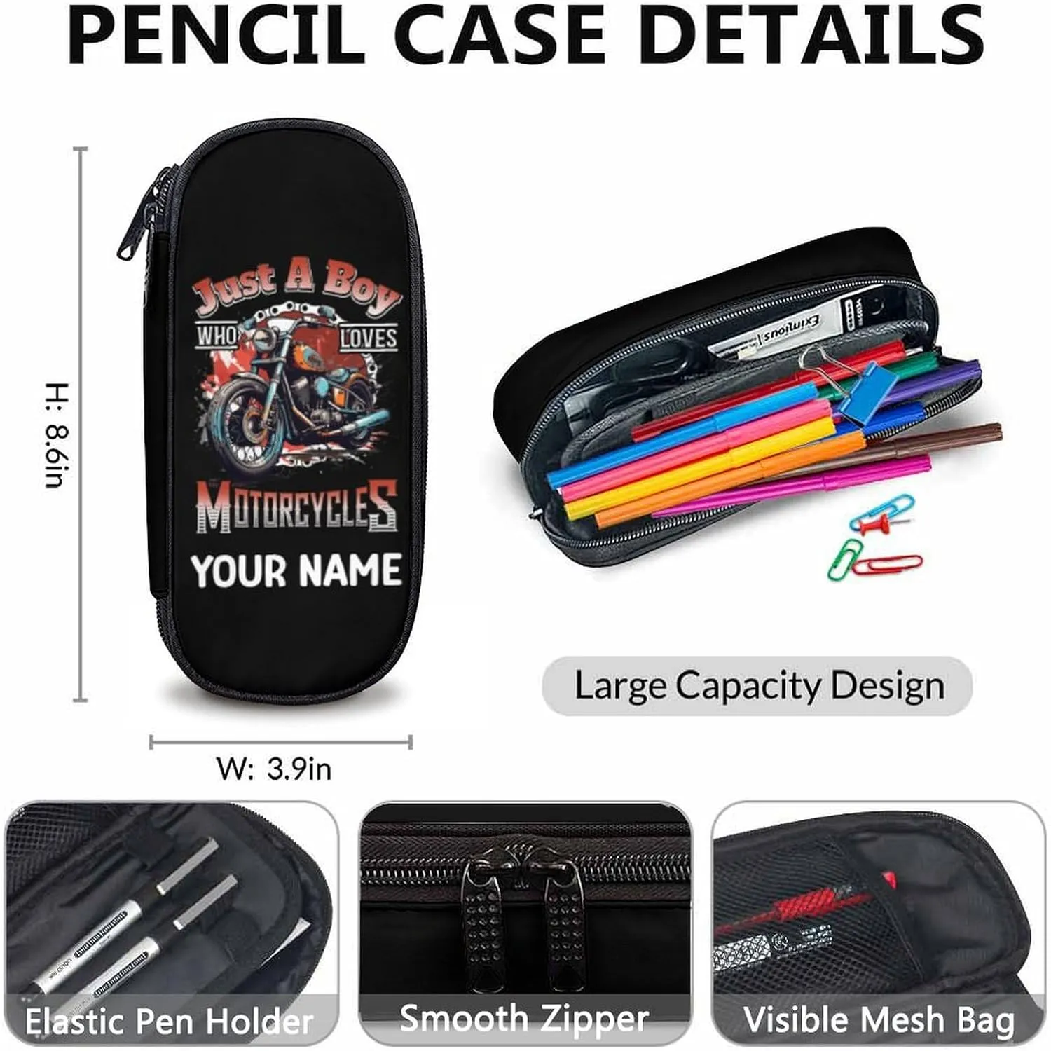 Kids Backpack with Lunch Box - Custom Set of 3 Motorcycle School Backpacks Matching Combo - Black Bookbag and Pencil Case Bundle for Travel Hiking - Personalized Schoolbag Gifts for Boys