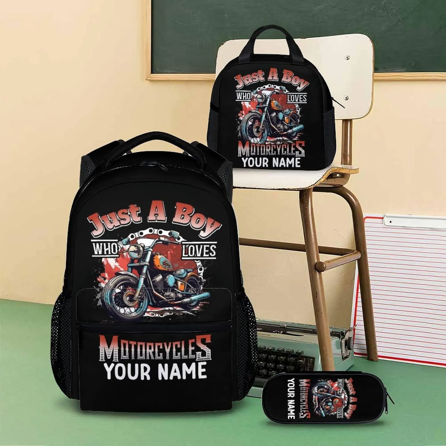 Kids Backpack with Lunch Box - Custom Set of 3 Motorcycle School Backpacks Matching Combo - Black Bookbag and Pencil Case Bundle for Travel Hiking - Personalized Schoolbag Gifts for Boys
