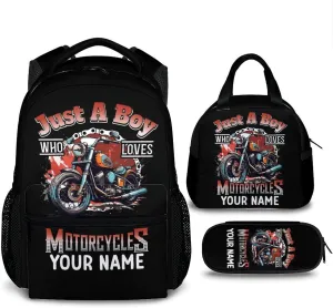 Kids Backpack with Lunch Box - Custom Set of 3 Motorcycle School Backpacks Matching Combo - Black Bookbag and Pencil Case Bundle for Travel Hiking - Personalized Schoolbag Gifts for Boys