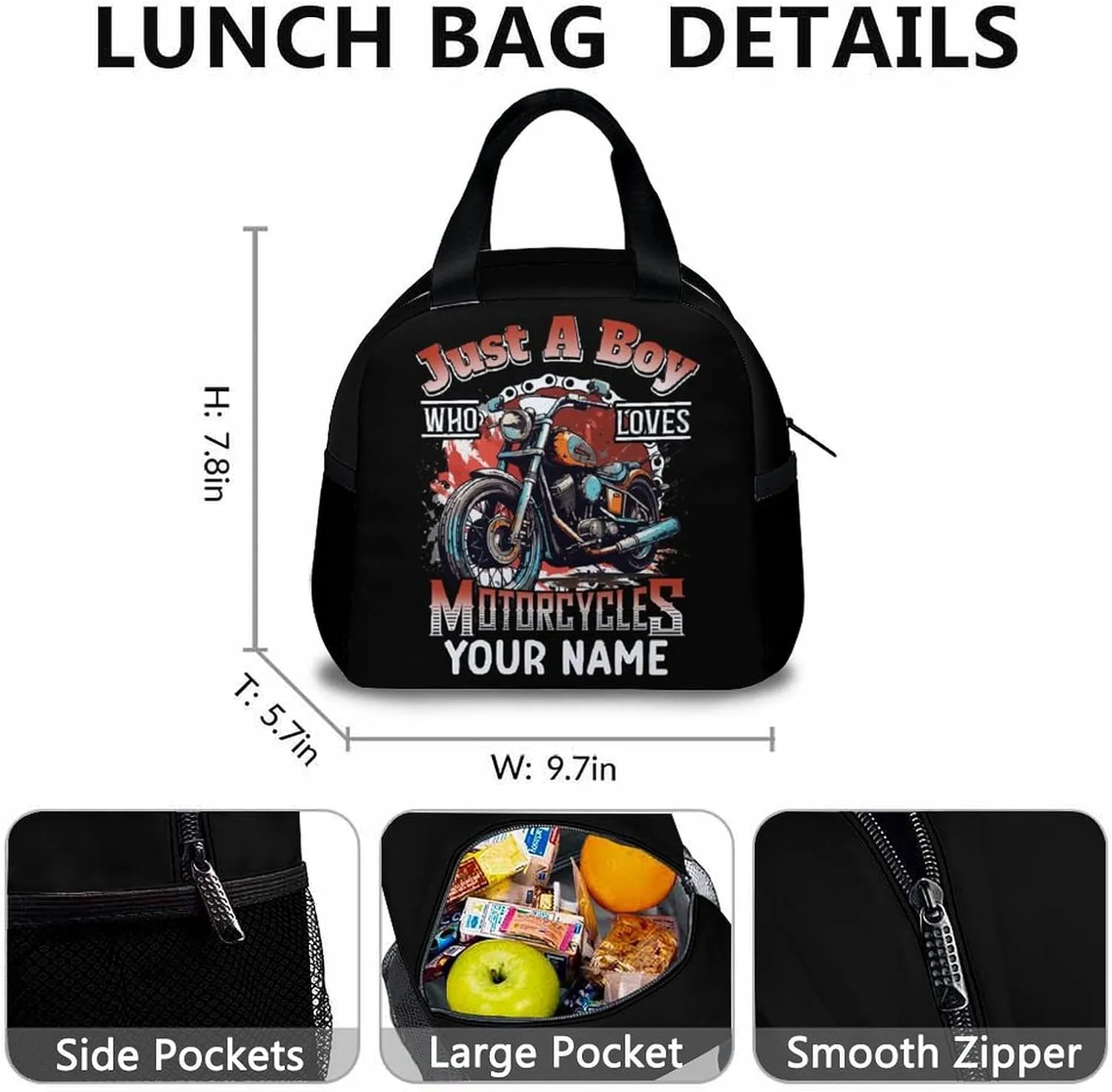Kids Backpack with Lunch Box - Custom Set of 3 Motorcycle School Backpacks Matching Combo - Black Bookbag and Pencil Case Bundle for Travel Hiking - Personalized Schoolbag Gifts for Boys