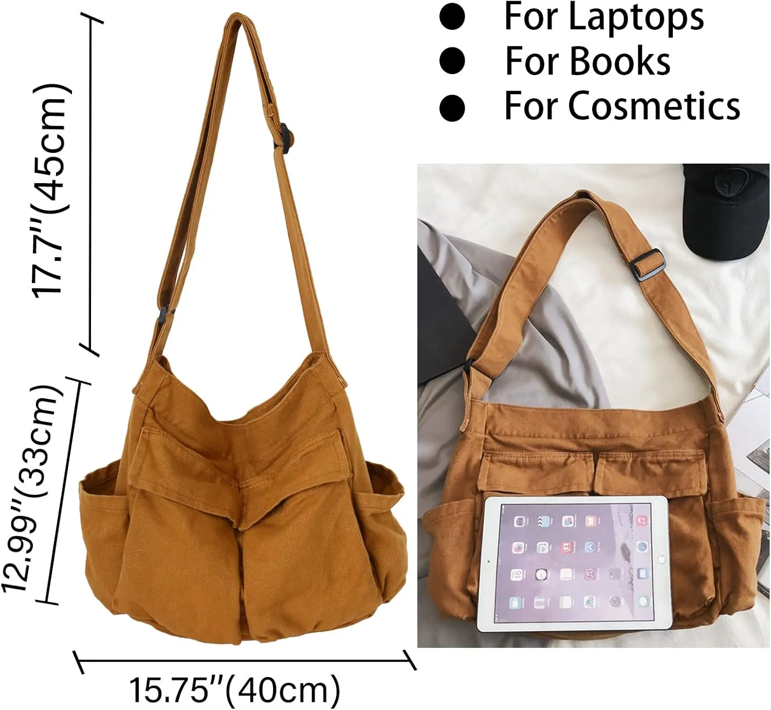 KlaOYer Canvas Messenger Bag Large Hobo Bag Crossbody Shoulder Bag Tote Bag with Pocket for Women and Men