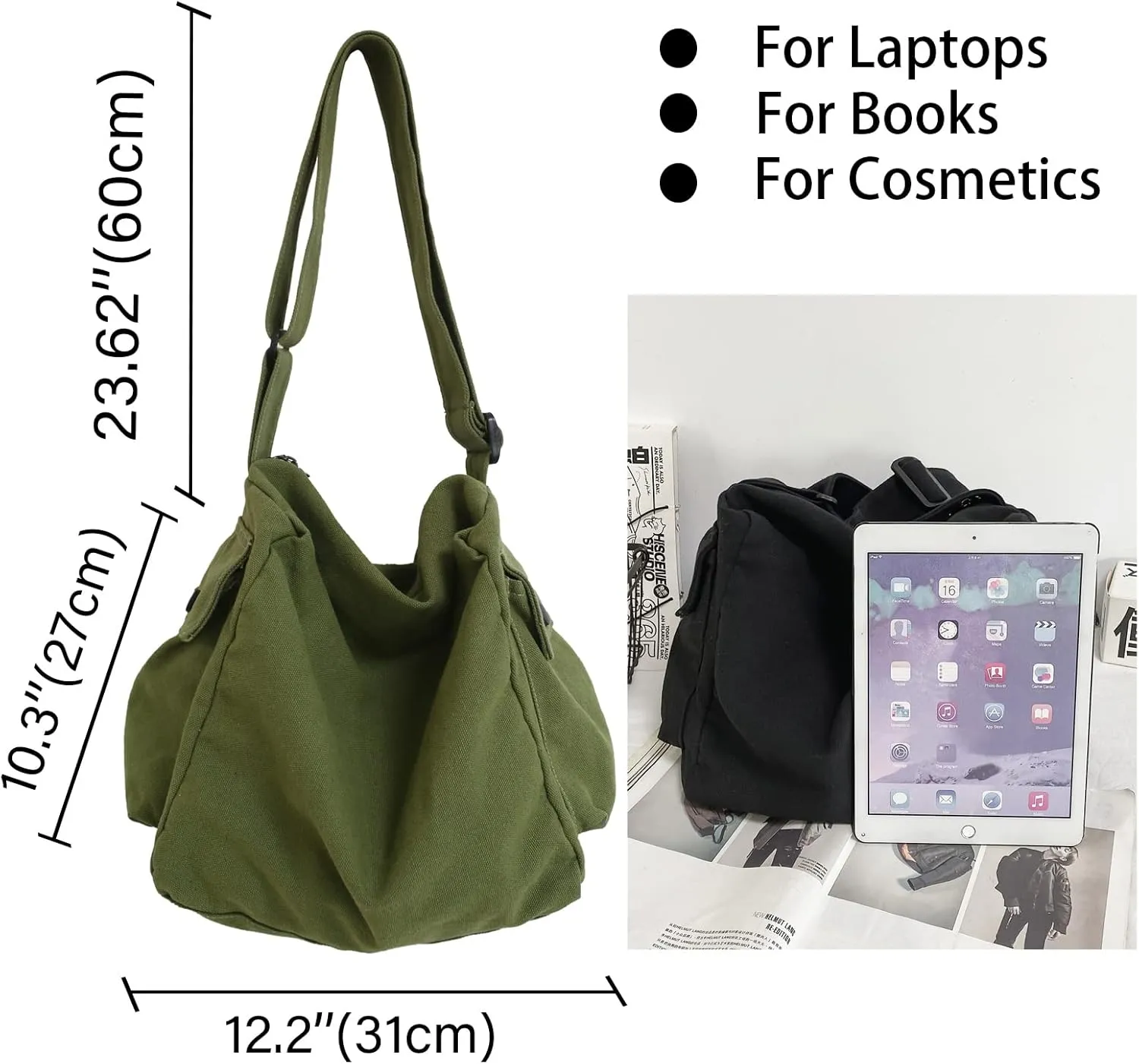 KlaOYer Canvas Messenger Bag Large Hobo Bag Crossbody Shoulder Bag Tote Bag with Pocket for Women and Men