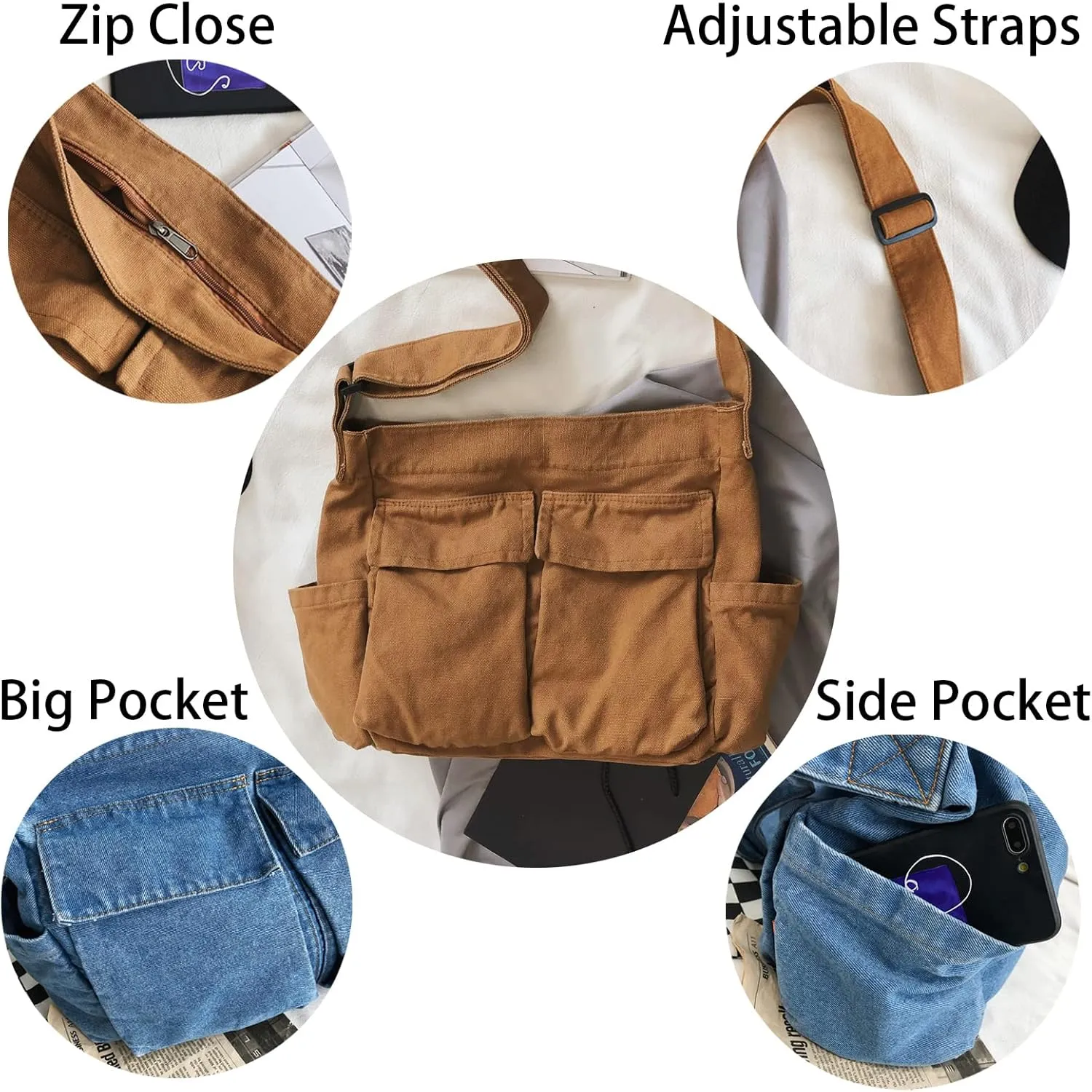 KlaOYer Canvas Messenger Bag Large Hobo Bag Crossbody Shoulder Bag Tote Bag with Pocket for Women and Men
