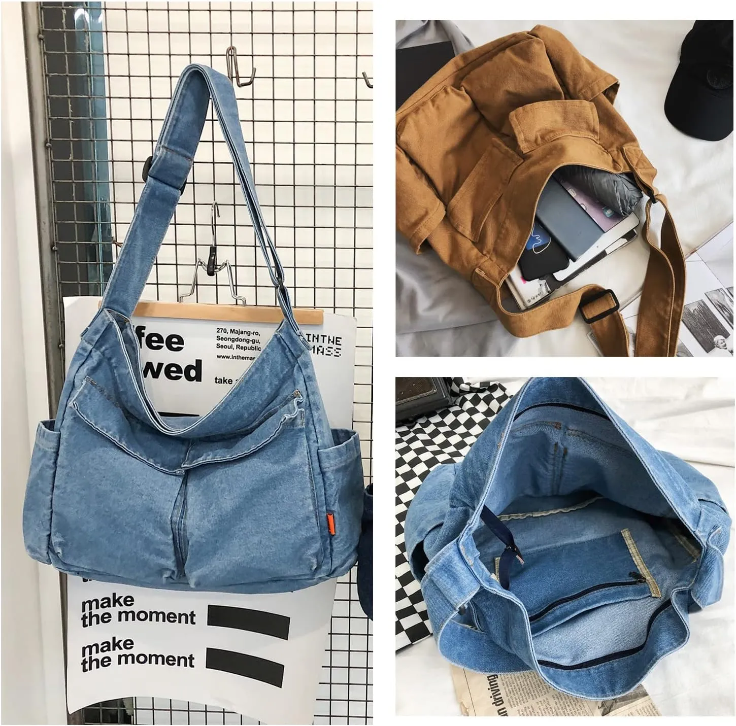 KlaOYer Canvas Messenger Bag Large Hobo Bag Crossbody Shoulder Bag Tote Bag with Pocket for Women and Men