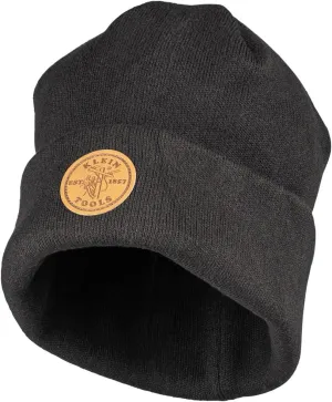 Klein Tools 60569 Heavy Knit Hat with Wide Cuff, Black, One Size Fits Most, Leather Logo