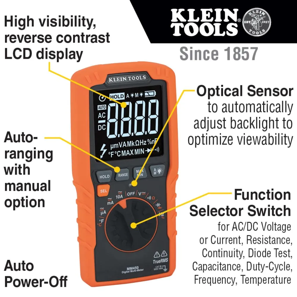 Klein Tools MM450 Slim Digital Multimeter, Reverse Contrast Display with Lead Alert, Auto-Ranging TRMS, 600V AC/DC Voltage, Current, Resistance, Temp, Frequency, Continuity