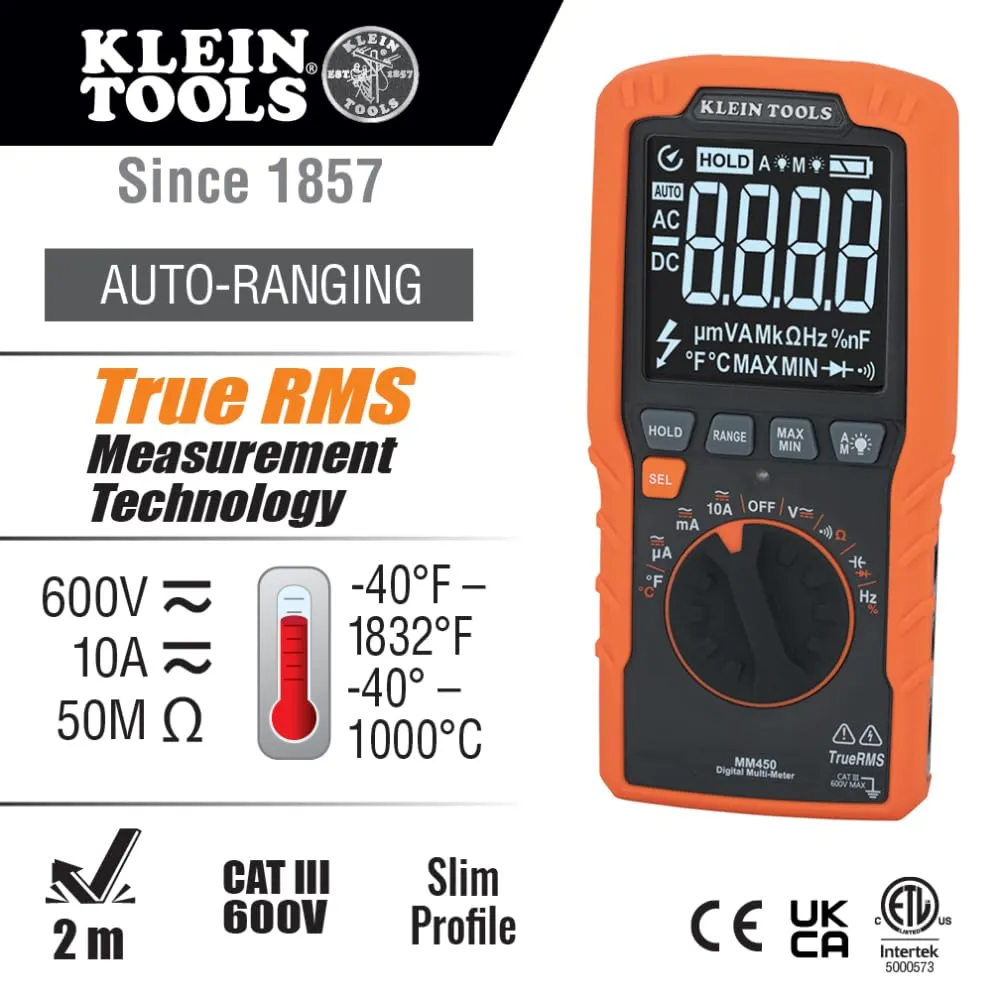 Klein Tools MM450 Slim Digital Multimeter, Reverse Contrast Display with Lead Alert, Auto-Ranging TRMS, 600V AC/DC Voltage, Current, Resistance, Temp, Frequency, Continuity