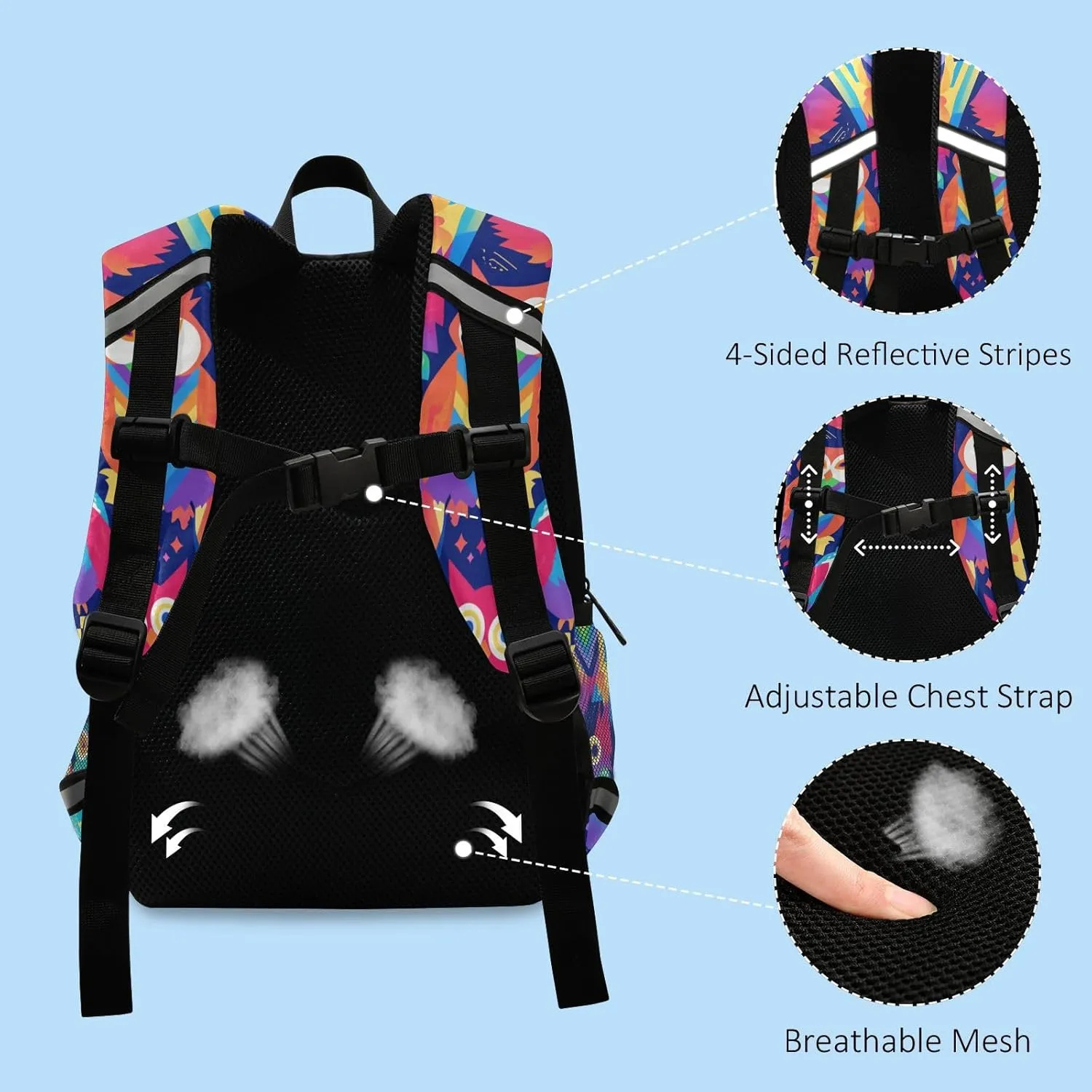 KLL Cute Colorful Owls and Trees Little Girls Backpack Water Resistant Mini Schoolbag with Reflective Strips Travel Back