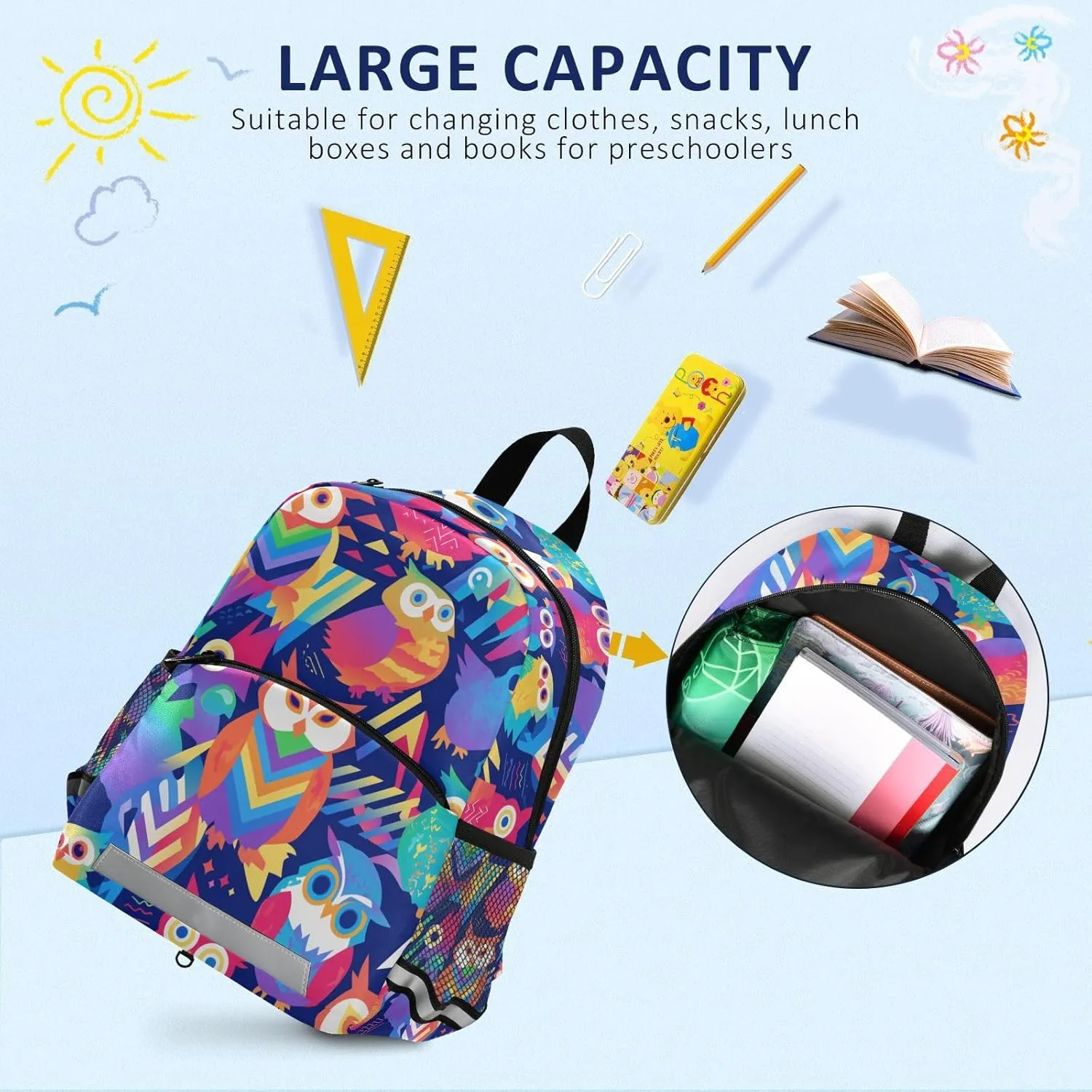 KLL Cute Colorful Owls and Trees Little Girls Backpack Water Resistant Mini Schoolbag with Reflective Strips Travel Back