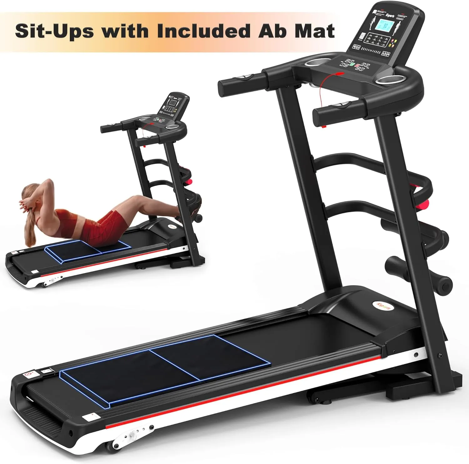 Ksports Foldable 16.5 Inch Cardio Fitness Portable Treadmill with Bluetooth Connectivity, LCD Display, and Tracking Apps for Home Gym Equipment, Black