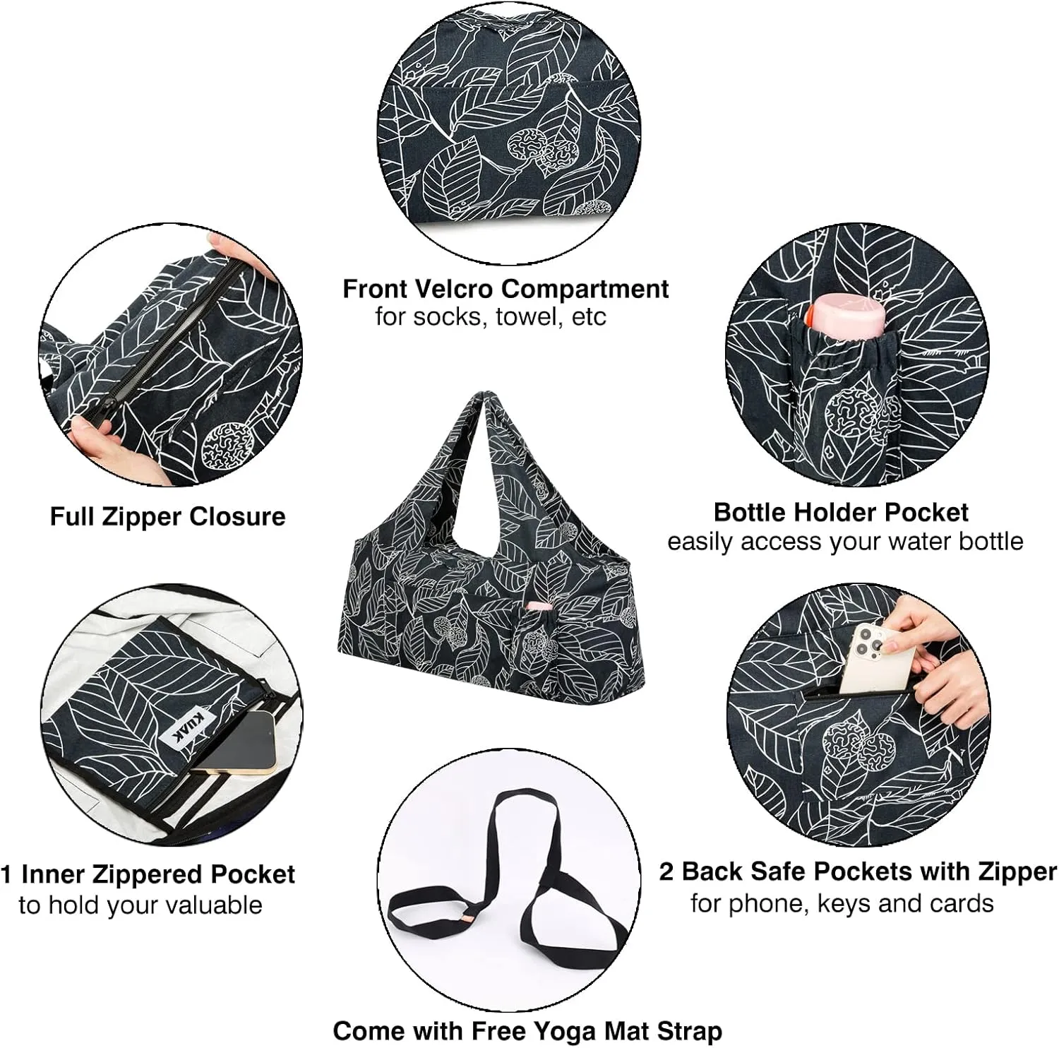 KUAK Extra Large Yoga Mat Bag with Zippered Top & 5 Pockets - Premium Canvas Tote with Yoga Mat Carrying Strap for Pilates, Gym, Fitness Block & Gear