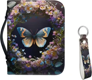 Kuiaobaty Butterfly Flower Print Bible Case Bible Covers with Keychain Leather Protective Carrying Bible Holder for Women Men Kids Teens Tote Bags for Storage Pens Bible Books Tablet
